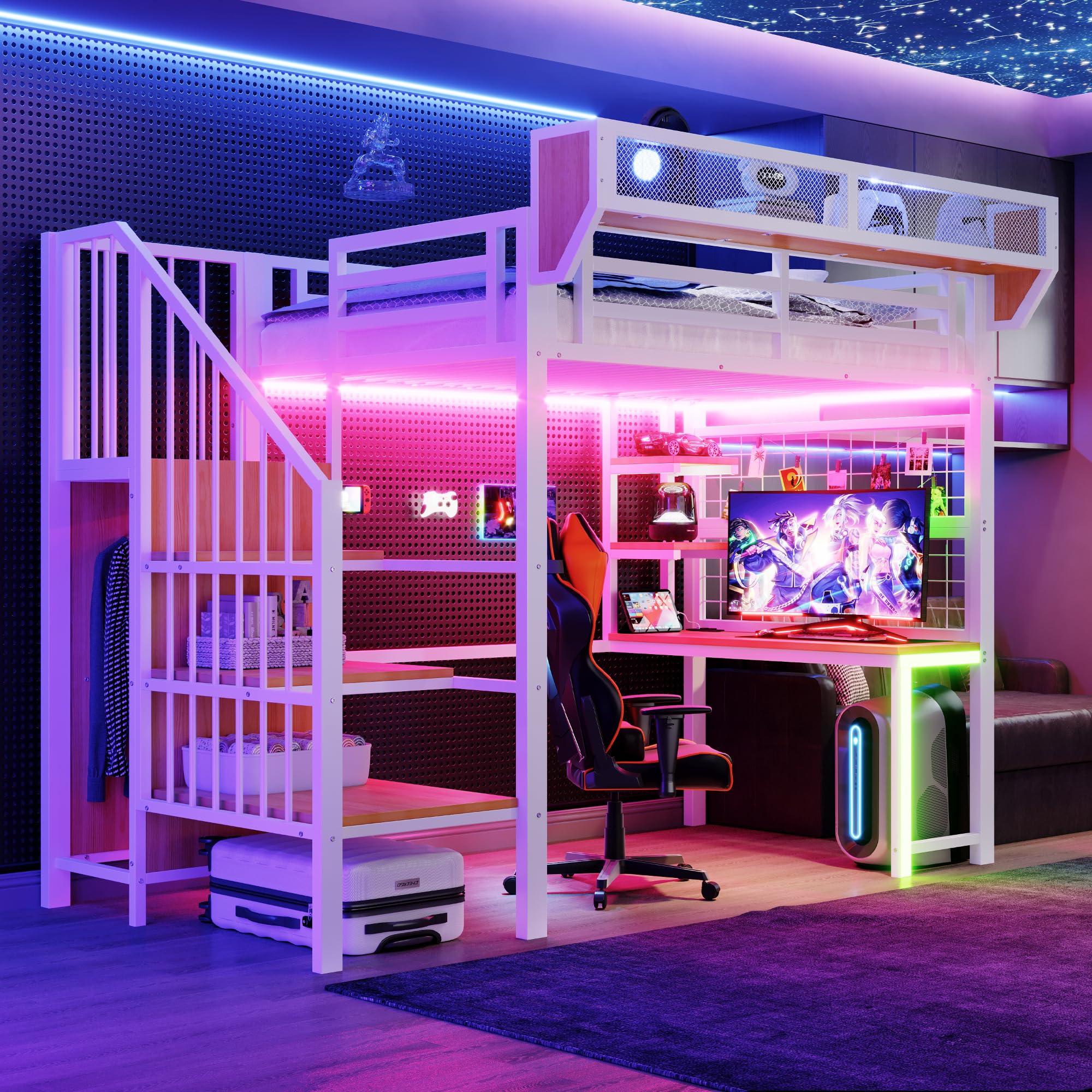 Dolamaní Letto a soppalco 90 × 200 cm in metallo con scala di sicurezza e armadio, altezza 191 cm letto con ripiani in rete rimovibili, illuminazione a LED, scrivania (bianco C)
