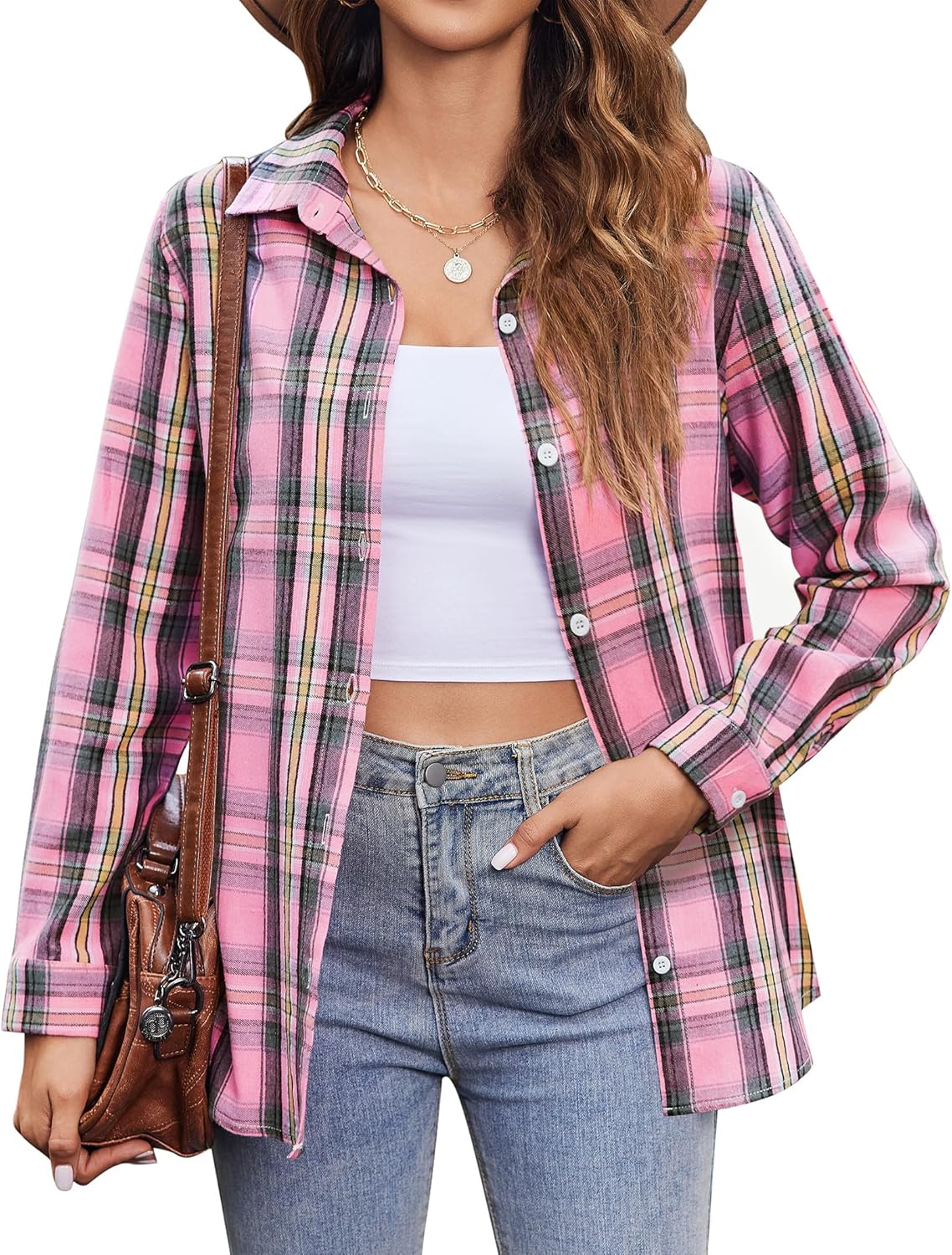 Zeagoo Flannel Shirt Women Button Down Long Sleeve Plaid Shirts Collared Casual Work Tops S-2XL