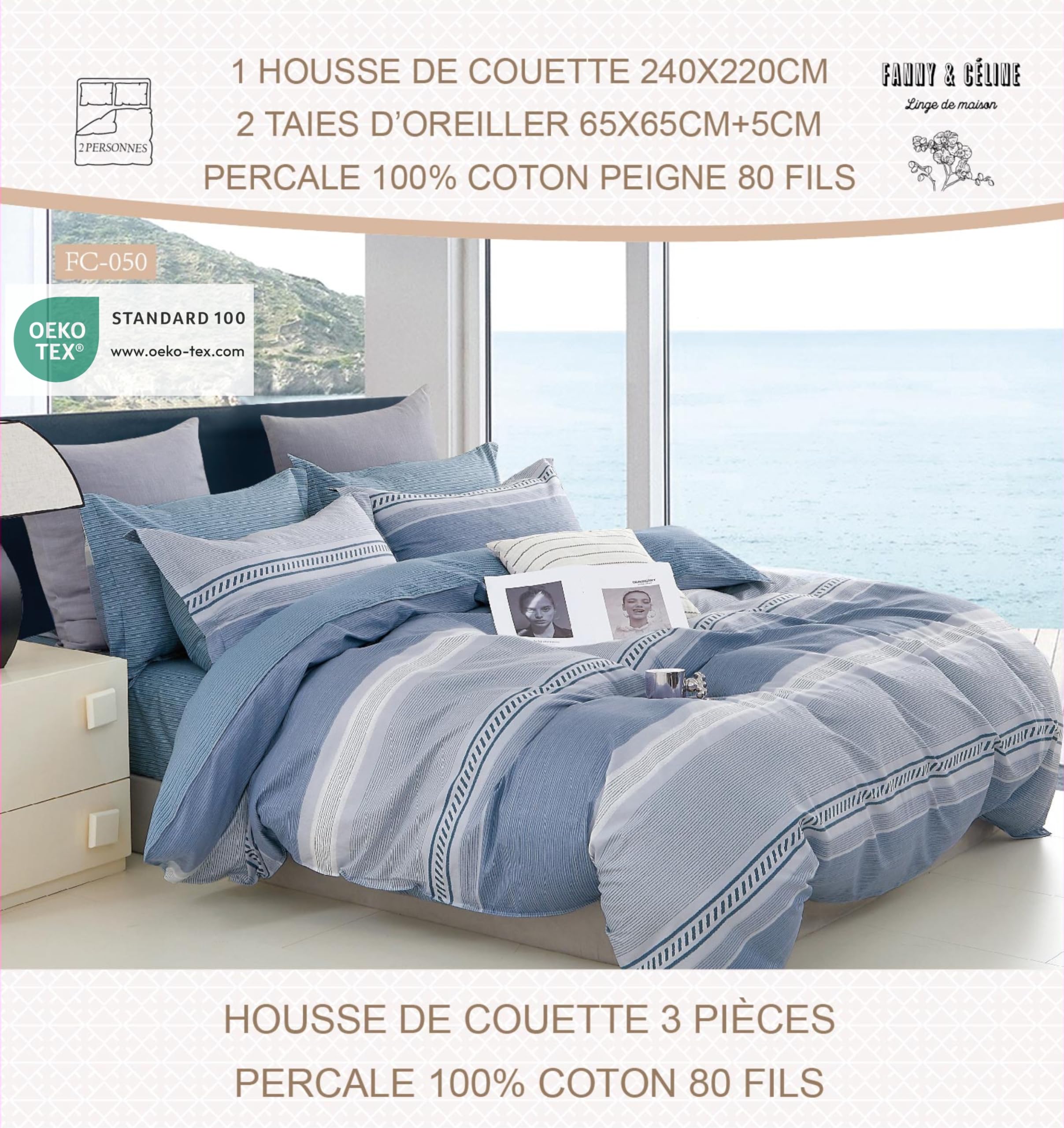 Parure De Lit 3 Pièces Fanny & Céline - Housse De Couette 240x220cm + 2 Taies 65x65cm - Percale 100% Coton 80 Fils - Fermeture Boutons - 6