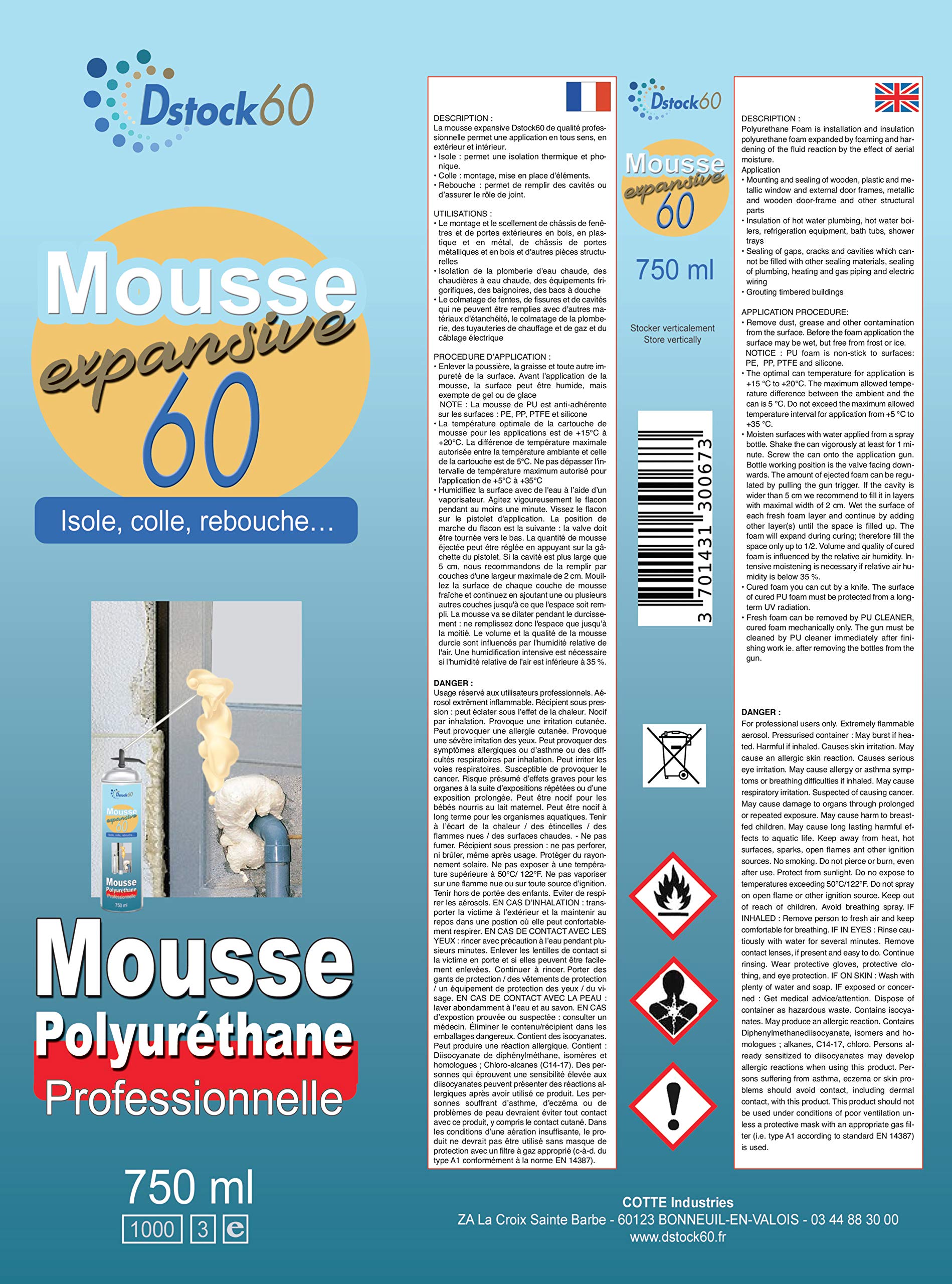 DSTOCK60 - LOT DE 3 MOUSSES PISTOLABLES - MOUSSE EXPANSIVE 750 ML - MOUSSE POLYURÉTHANE PROFESSIONNELLE - ISOLE, COLLE ET REBOUCHE - EXTÉRIEUR ET INTÉRIEUR