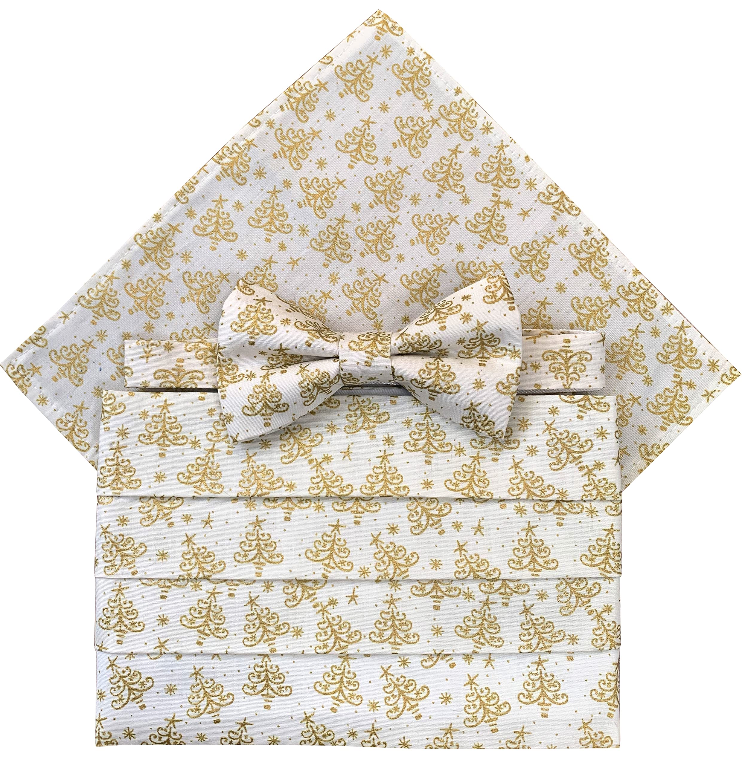 White with Gold Trees Christmas Cummerbund Set (Includes Bow Tie & Hanky)