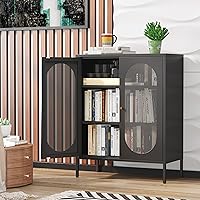 Vista 15 de Armario de almacenamiento de metal, gabinete de acento de 2 puertas, soporte de TV con puertas y estante ajustable, armario de metal para bufé