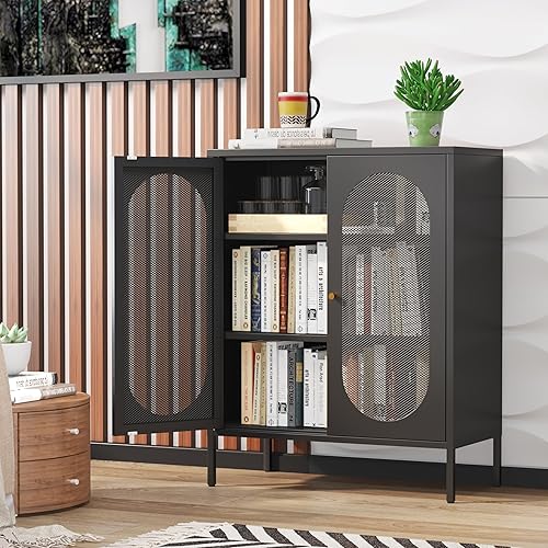 Miniatura 2 de Armario de almacenamiento de metal con 2 puertas de malla para dormitorio, sala de estar, hogar, hotel, oficina, garaje, cocina, 3 niveles, 2