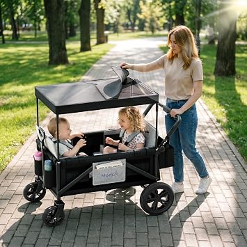 Wagon Stroller for 2 Kids, Collapsible Wagon Stroller with Removable Canopy, Foldable Stroller Wagon with 2 Seater and Storage Pocket for Baby Toddlers Black