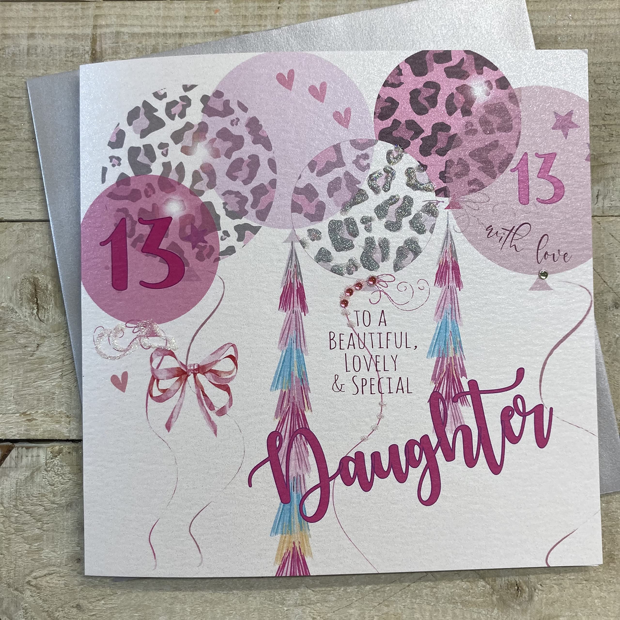 WHITE COTTON CARDS Pink Present Design Daughter 13th Birthday Handmade Card, XLWB101-13,22cm x 22cm