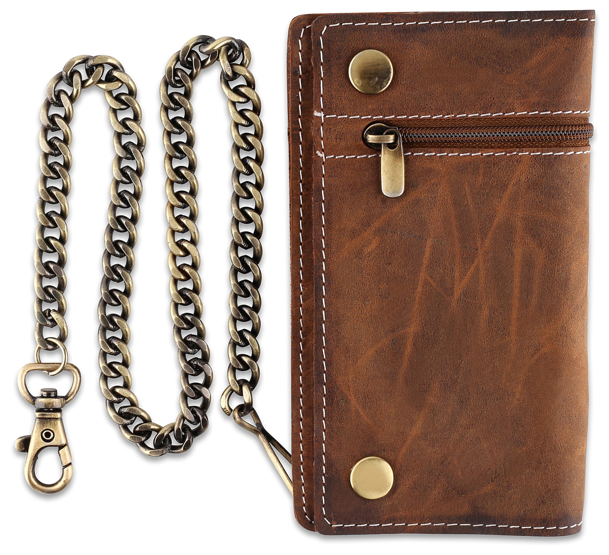 F&L CLASSIC Leather Chain Wallet for Men - RFID Blocking Snap Closure Biker Wallet with Steel Chain for Truckers,USA,brown,420-20
