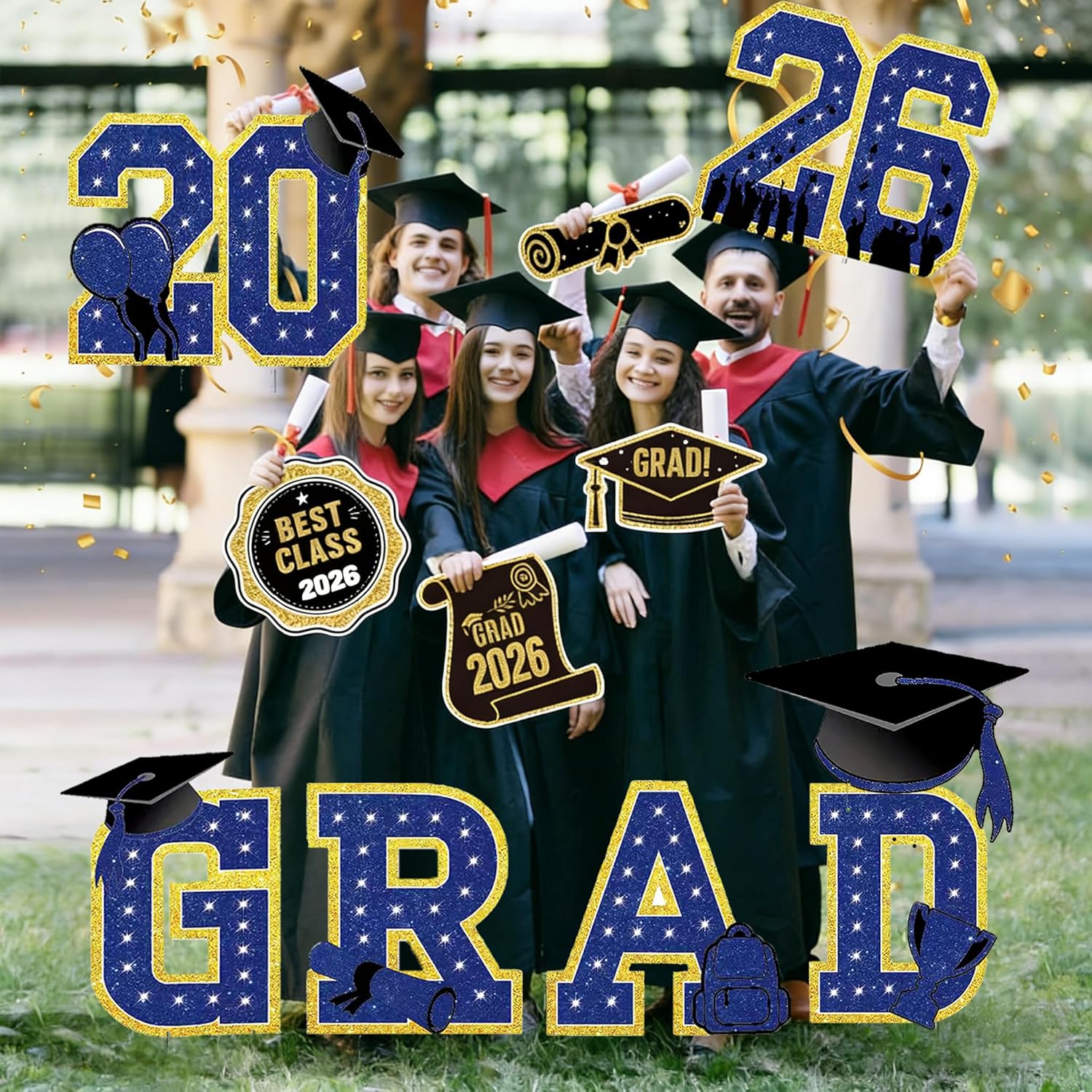 2026 Graduation Decorations Yard Signs – 7 PCS Blue Congrats Grad Lawn Decorations with Stakes, Graduation Party Supplies, Large Outdoor Graduation Party Decor for High School & College