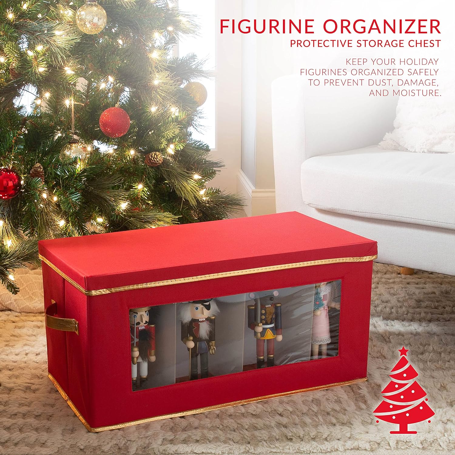 Simplify Holiday Figurine Storage Box | 8 Compartments | Seasonal and Christmas Décor Organizer | Nutcrackers | Lidded | Red (Pack of 2)