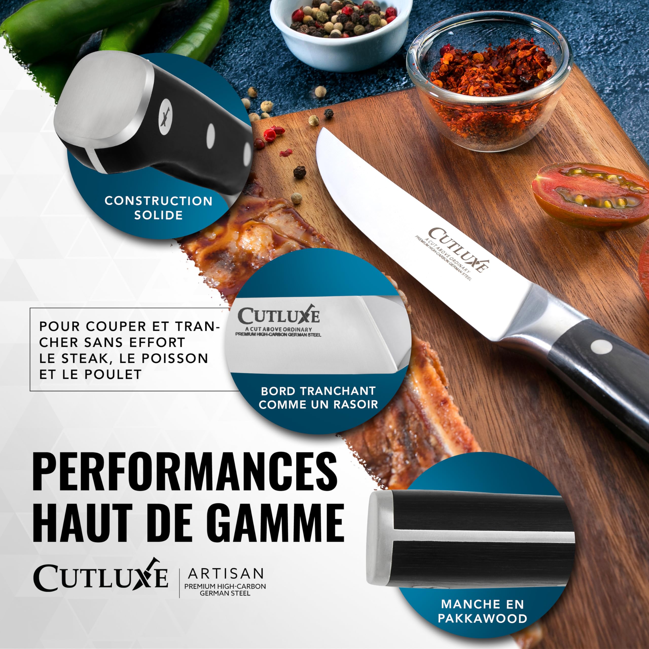 Cutluxe Couteaux à Steak 4 Pièces – Bord Uni, Couverts de Table | Lame effilée en acier allemand, manche ergonomique antidérapant; parfait pour viande grillée et repas; garantie à vie