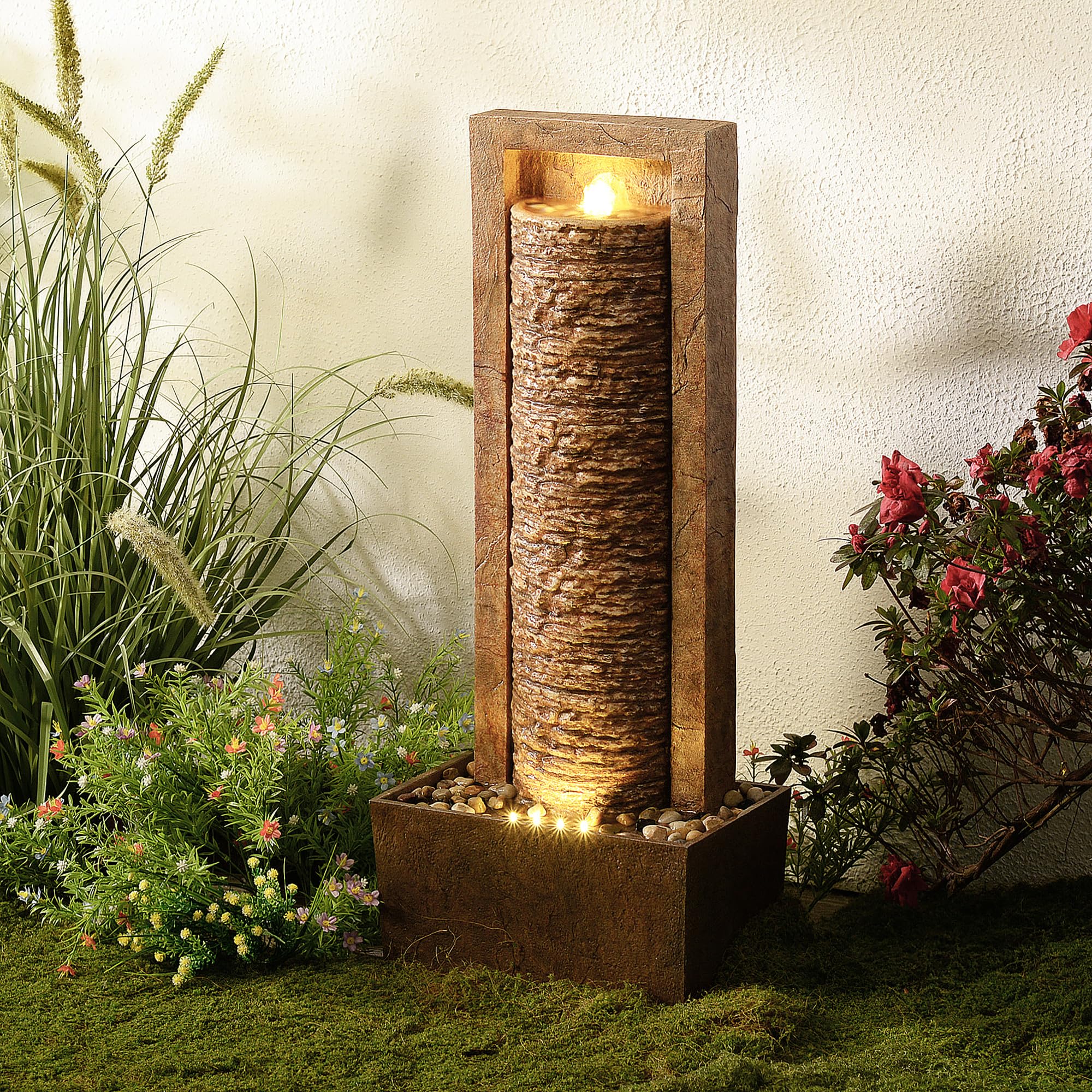 Teamson Home Fontaine de Jardin Haute Cascade exterieure LED Roche superposee Patio Durable Marron