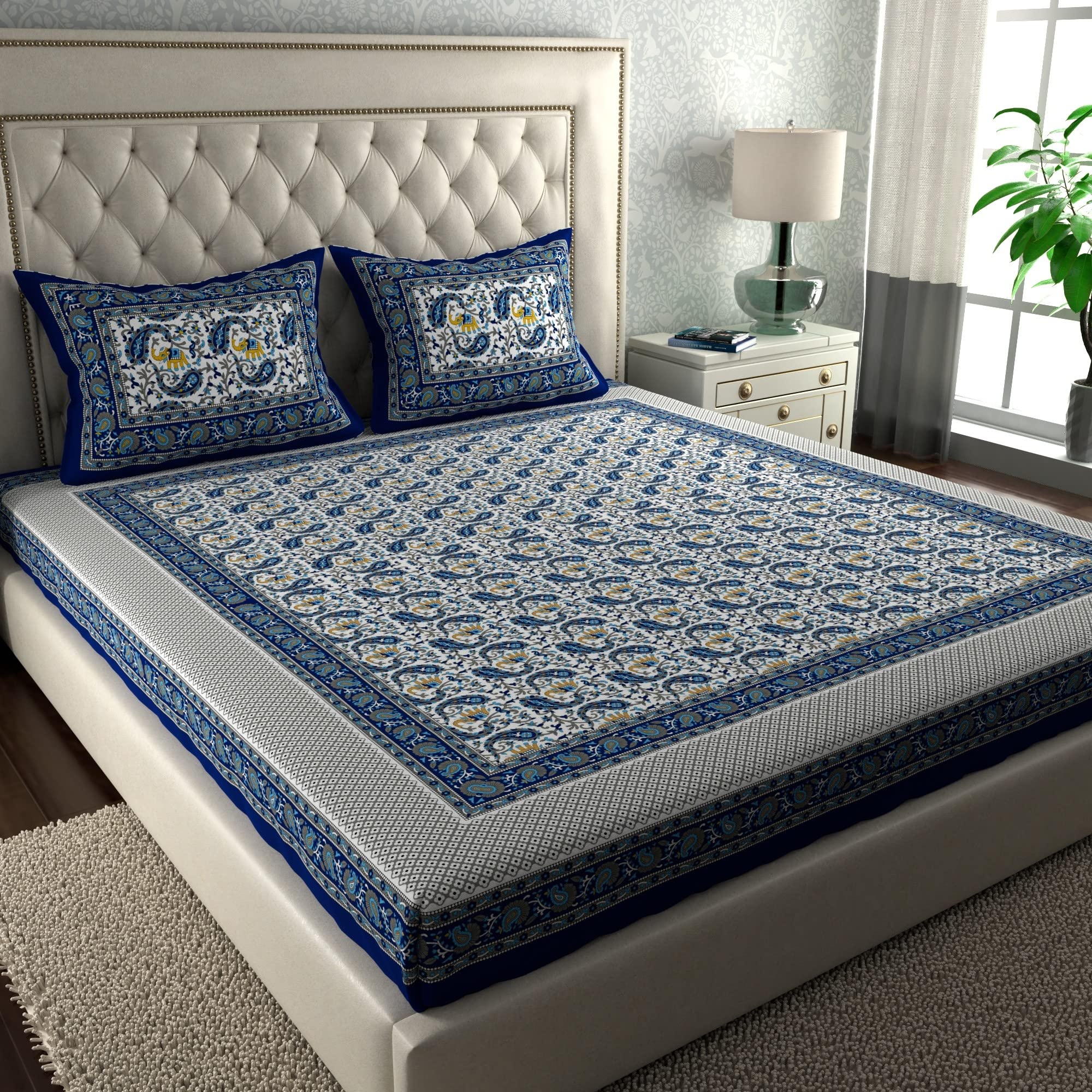 La Verne104 TC 100% Cotton Jaipuri Rjasathani Hand Print Bedsheet with 2 Pillow Covers (Cream) (B0BZCW6P4D) Amazon Price History, Amazon Price Tracker