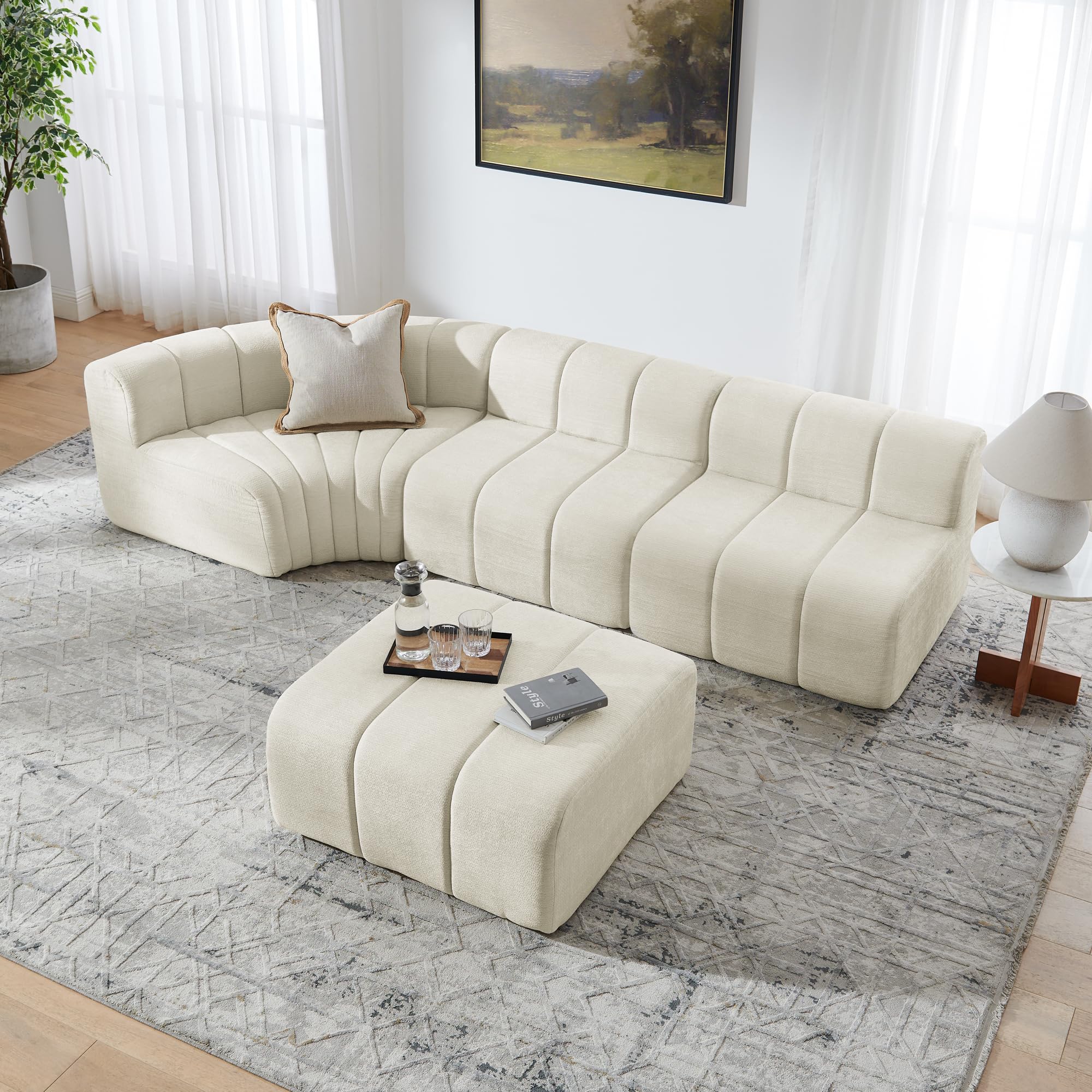 Sofá esquinero de compresión de 4 plazas con módulos combinables. Los módulos sin respaldo se pueden utilizar como mesa de almacenamiento temporal, reposapiés o asiento individual, color beige