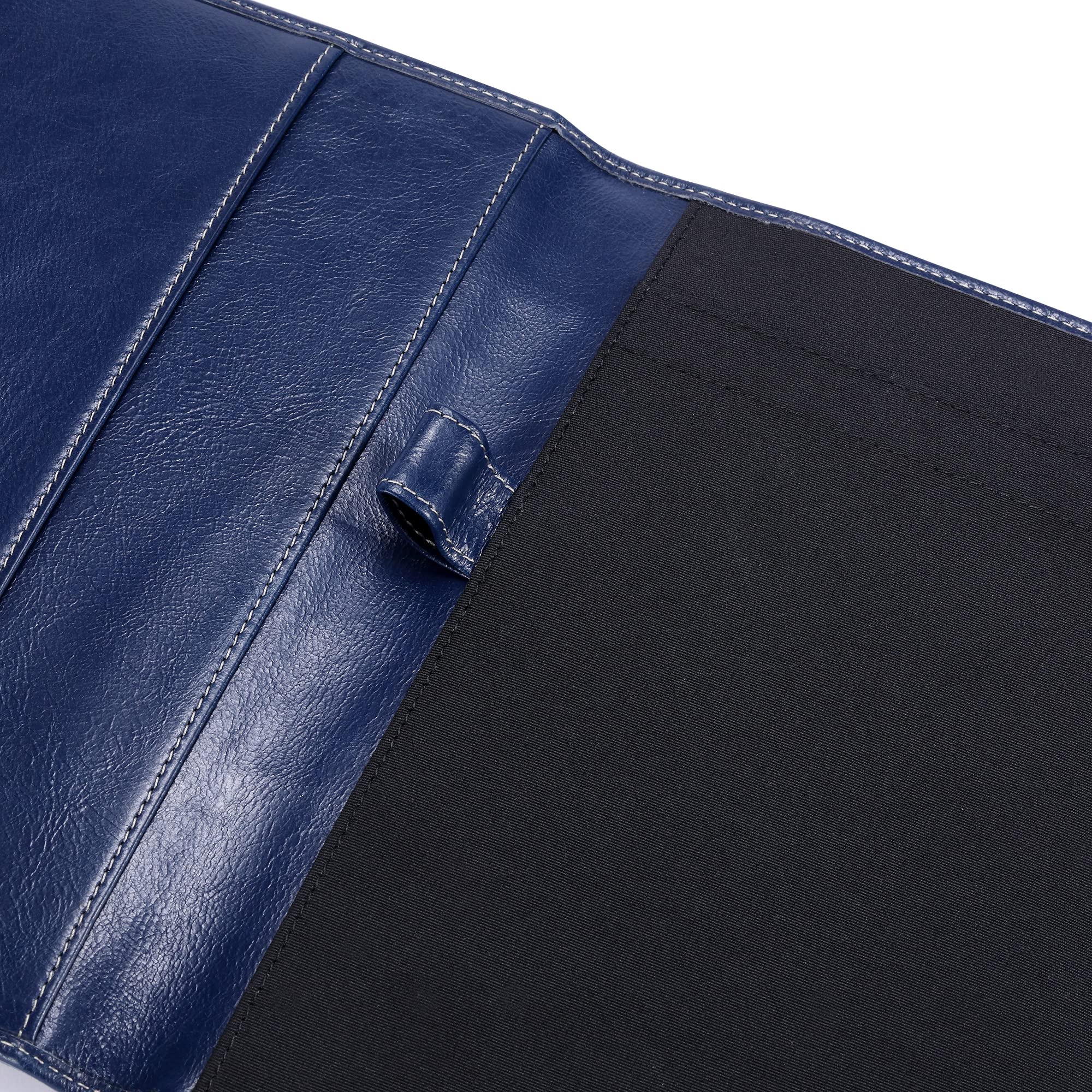 Carpeta de cuero para hombres y mujeres con lazo para bolígrafo, piel de becerro italiana, carpeta de negocios (azul envejecido)