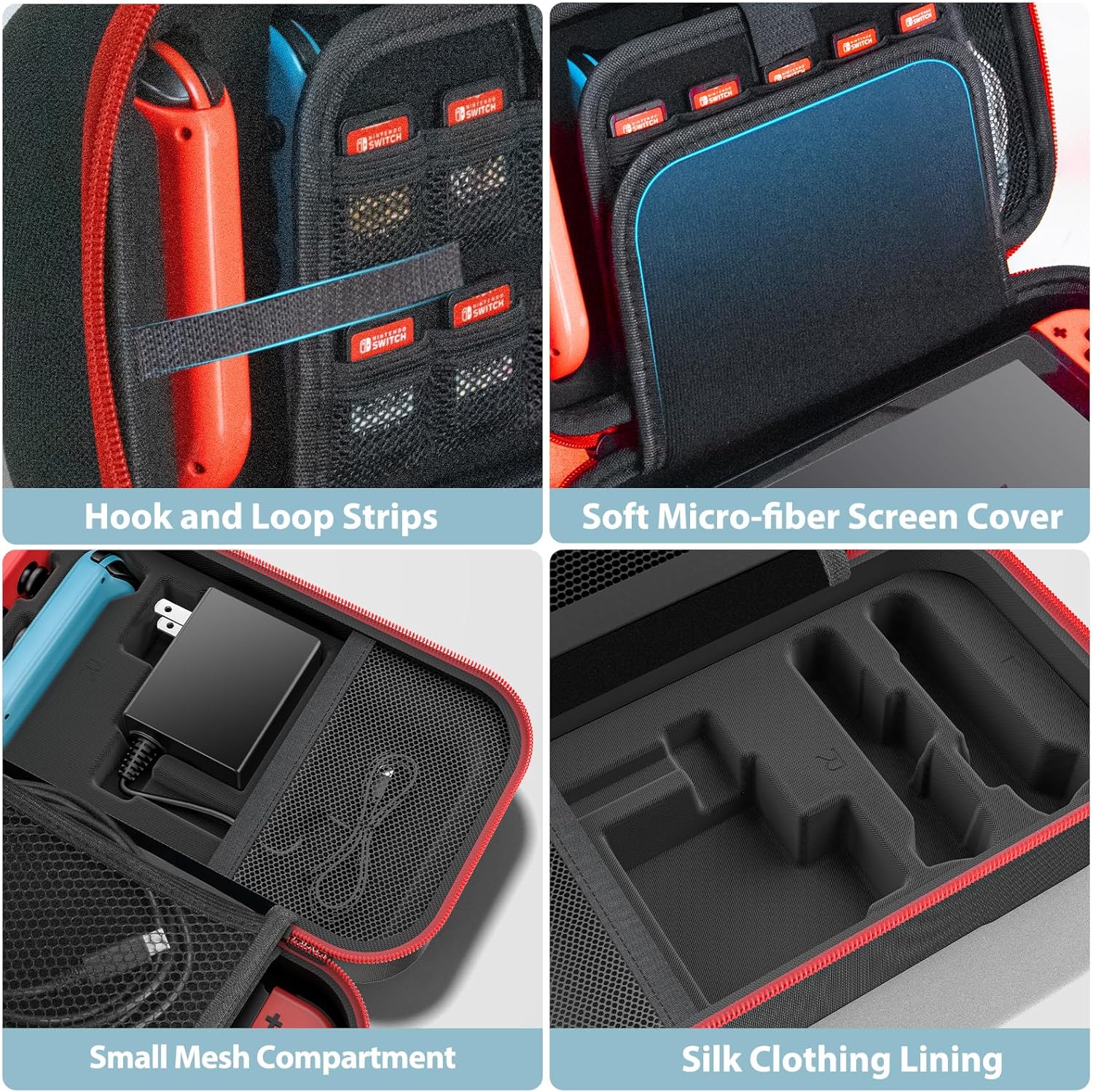 Switch OLED Carrying Case Compatible with Nintendo Switch & Switch OLED, Portable Switch Travel Carry Case Fit for Joy-Con and Adapter, Hard Shell Protective Switch Pouch Case with 20 Games, Red - Image 5