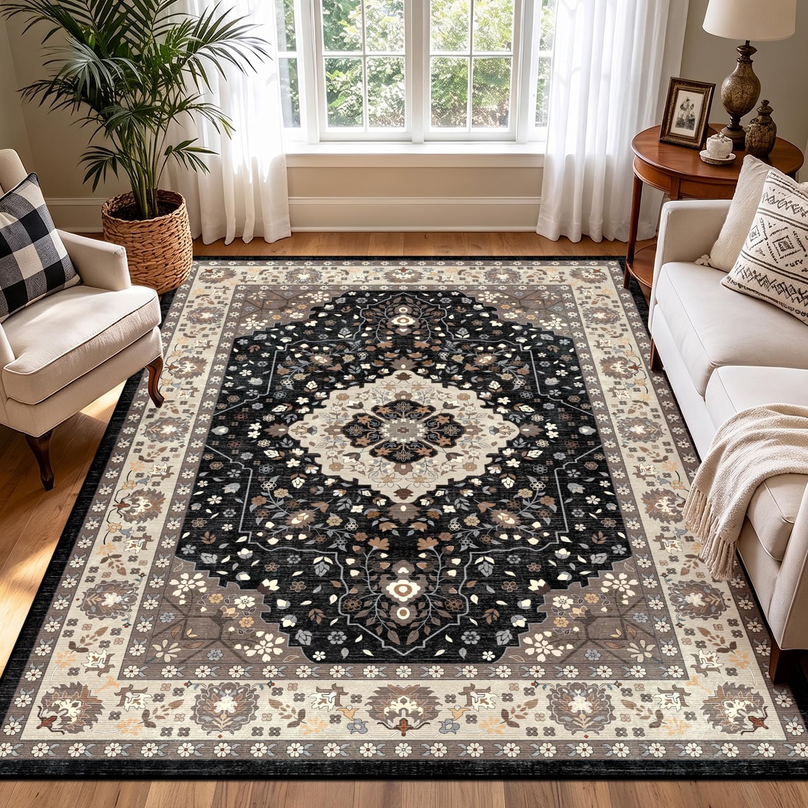 TUKDAK Vintage Teppich Wohnzimmer 120x180cm, Schwarz Weiß Waschbarer Teppich Schlafzimmer, Boho Kurzflor Esszimmer Teppiche, Weich rutschfest Waschbar Kinder Teppiche für Küche Kinderzimmer