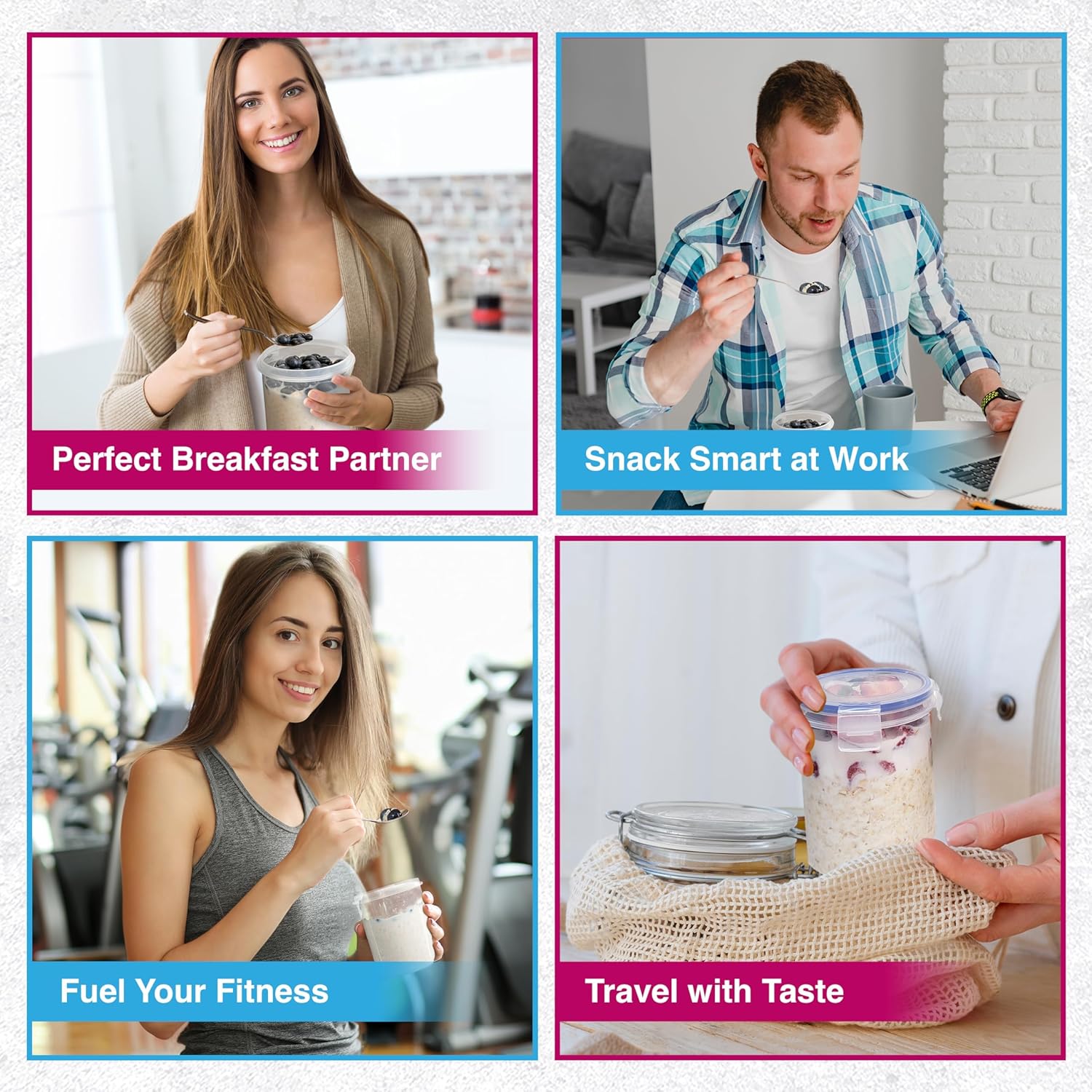 Overnight Oats Container with Lids (4-Piece set) - 16 oz Plastic Containers with Lids - Oatmeal Container to go | Portable Cereal and Milk Container on the go | Airtight Snap Lock Storage Jars - Image 8