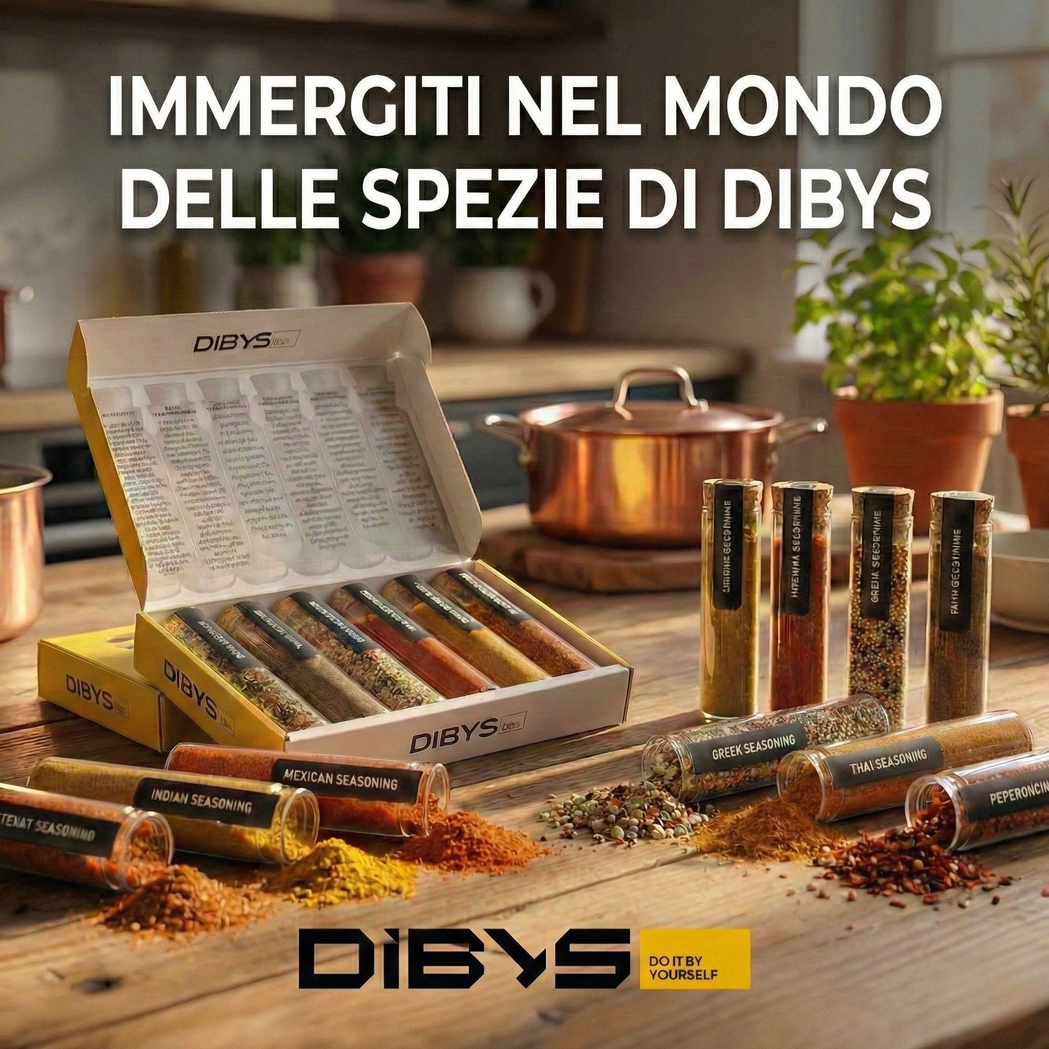 DIBYS Set Regalo di Spezie da Tutto il Mondo | 6 Eccezionali Mischioni di Spezie con Ricette Incluse | Confezione Regalo di Spezie | Regali per Gourmet e Appassionati di Cucina