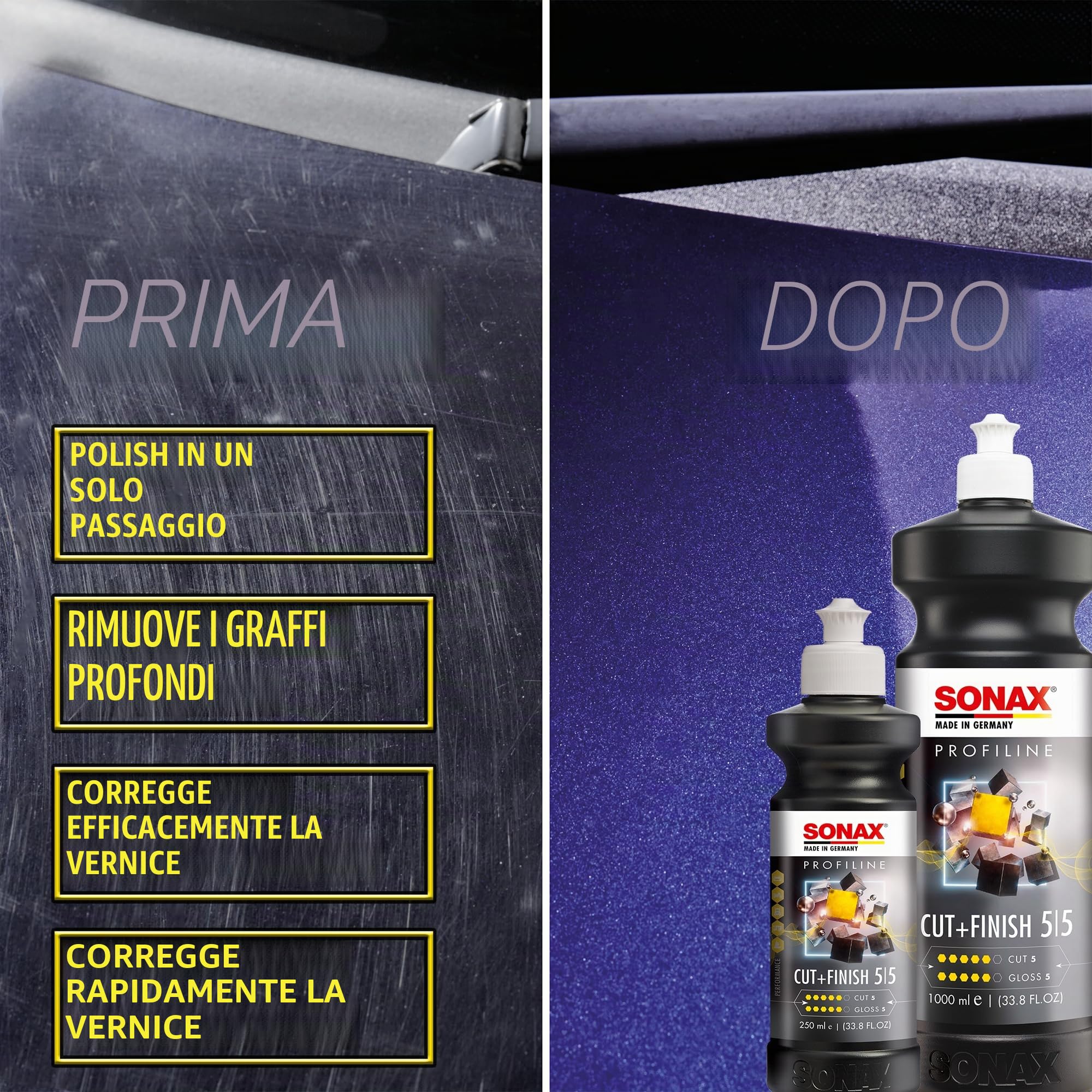 SONAX PROFILINE Cut+Finish (250 ml) offre una lucidatura rapida e pulita, con finitura brillante per graffi di media entità | Art. N. 02251410