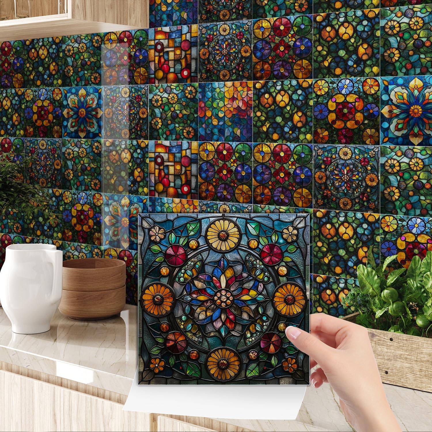 Tile Stickers Purple Emerald Green Bathroom Tile Stickers PVC Self Adhesive Tiles Stick on Bathroom Tiles Kitchen Stick on Tiles Wall Tile Stickers Peel and Stick Floor Tiles 20x20cm/24 pcs
