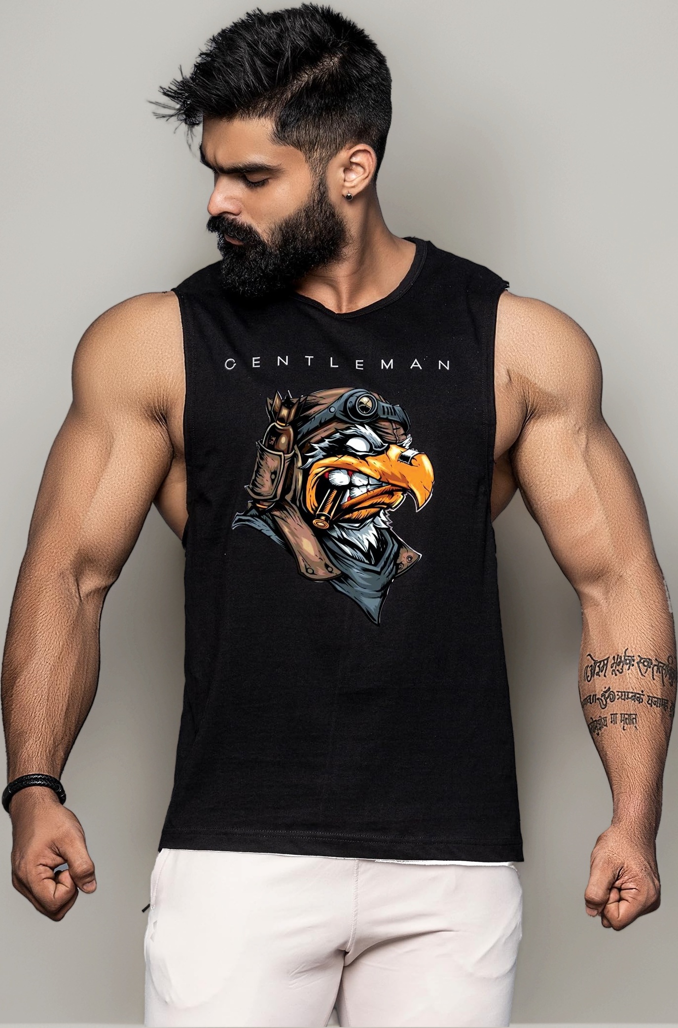 Men's Cotton, Sleeveless Printed Vest (Black)