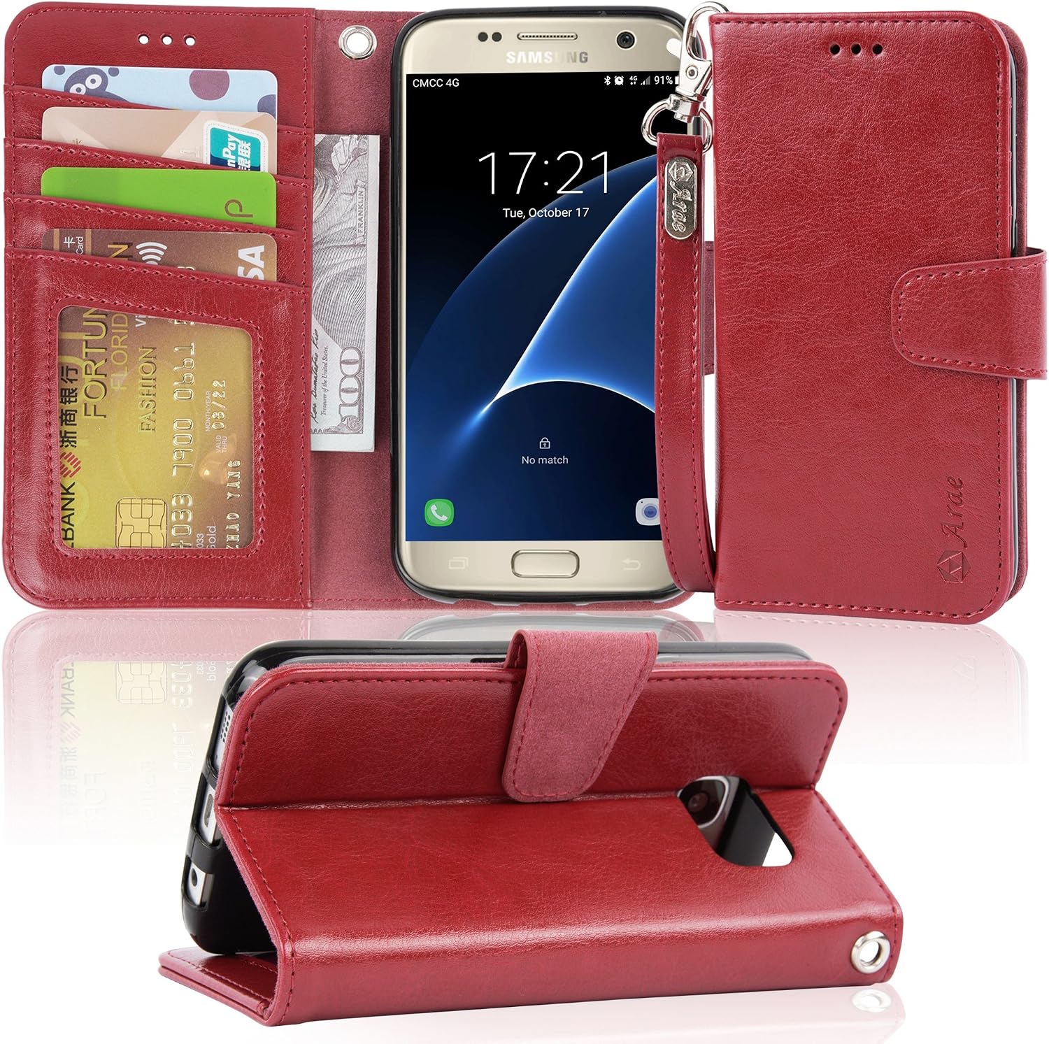Arae Wallet Case for Samsung Galaxy S7 with Wrist Strap and Credit Card Holders (Not for S7 Edge) - wine red