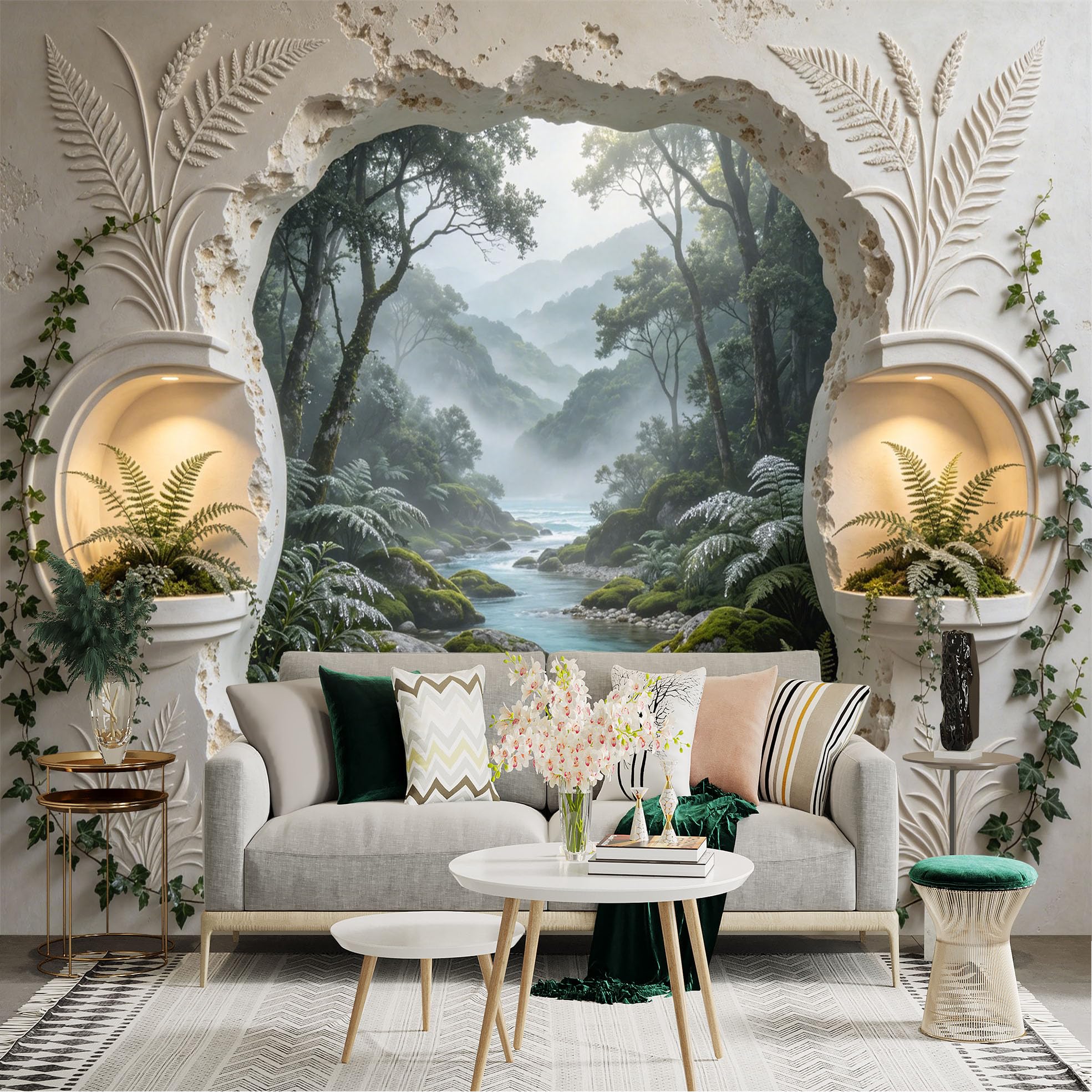 Custom Size Wall Sticker Mural， Tropical Forest with River， Misty Mountains and Fern Plants， for wall Decoration， peelandstick wall Decals.