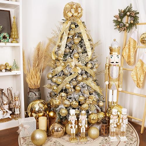 Miniatura 6 de Decoración para árbol de Navidad, adorno de Navidad con serpentinas de malla de satén con purpurina, para decoración y regalo de Navidad (oro)