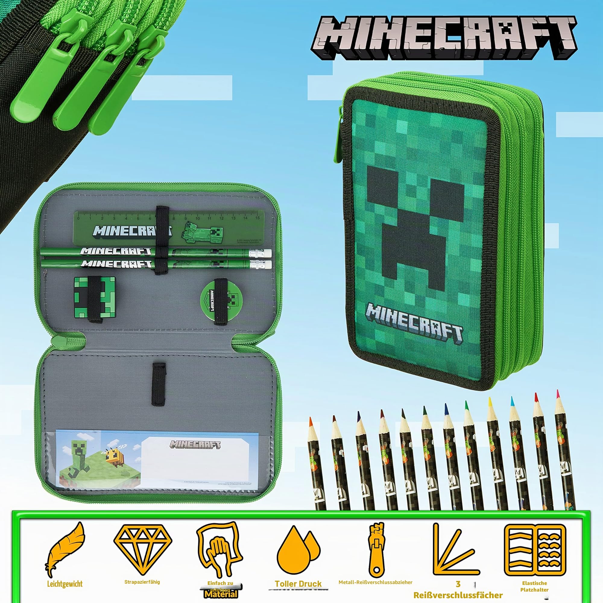 Minecraft Federmäppchen Jungen und Mädchen Mäppchen Gefüllt Creeper Federmappe mit Schreibwaren Gamer Geschenke für Kinder und Teenager