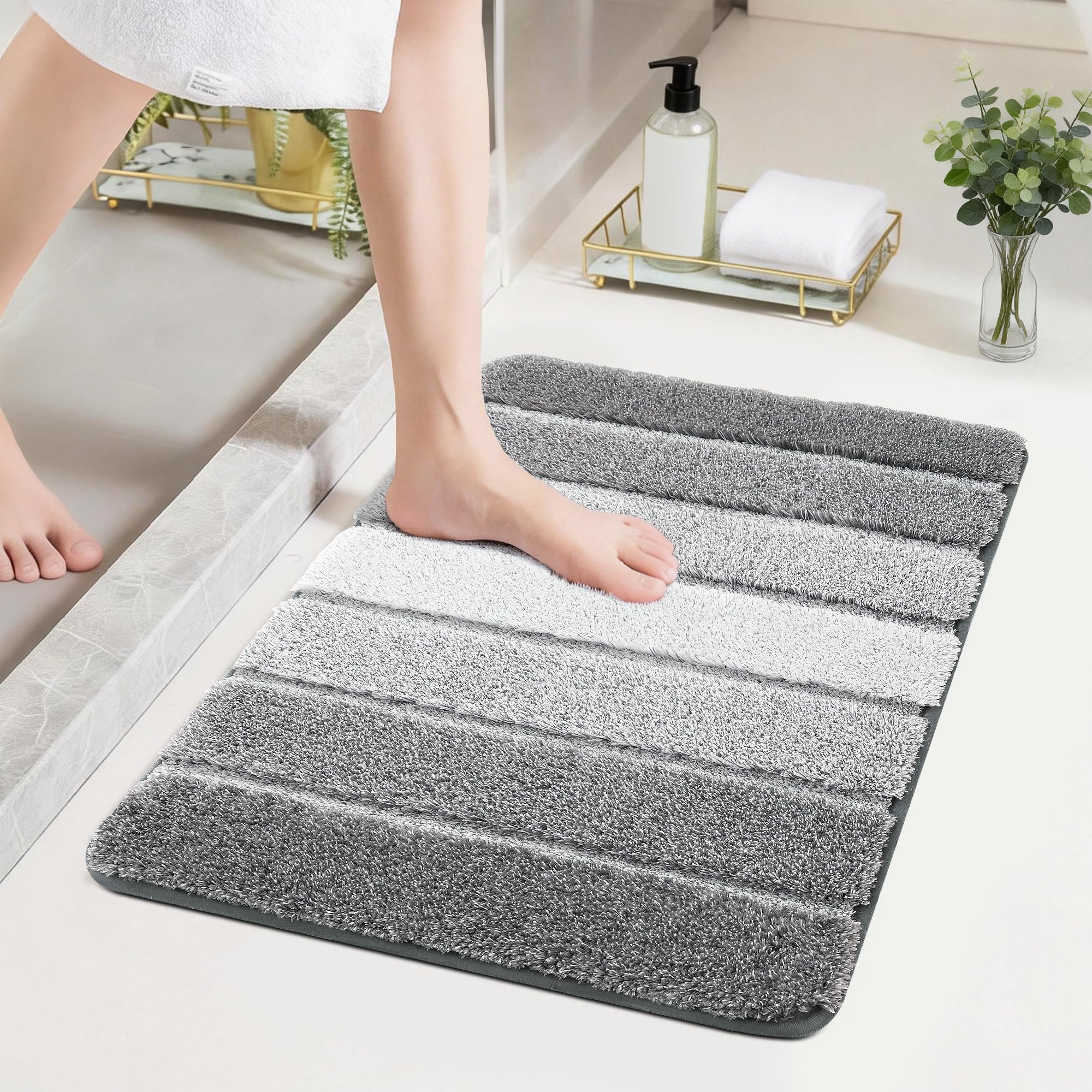 COSY HOMEER Bathroom Rugs 24"x17", Ultra Soft Absorbent Bath Mat with Non-Slip TPR Backing, Machine Washable Shaggy Rug for Bathroom Floor, Grey