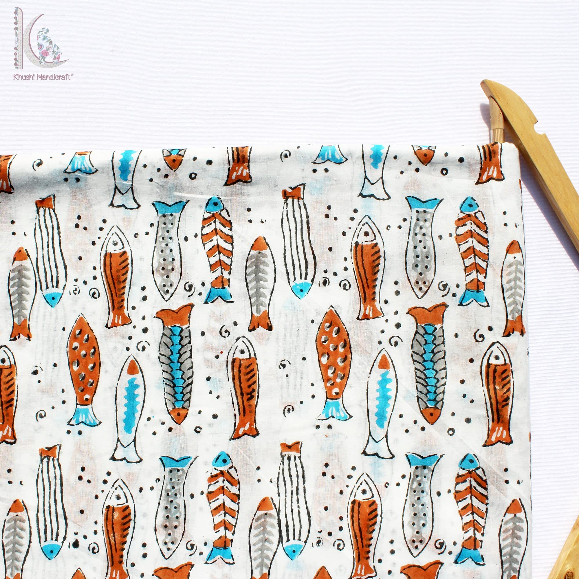 White Cotton Unstitched Dress Materials for Women Voile Fish Hand Block Printed Fabric Material Size 1 Meter R-CTHB00405-picture-13
