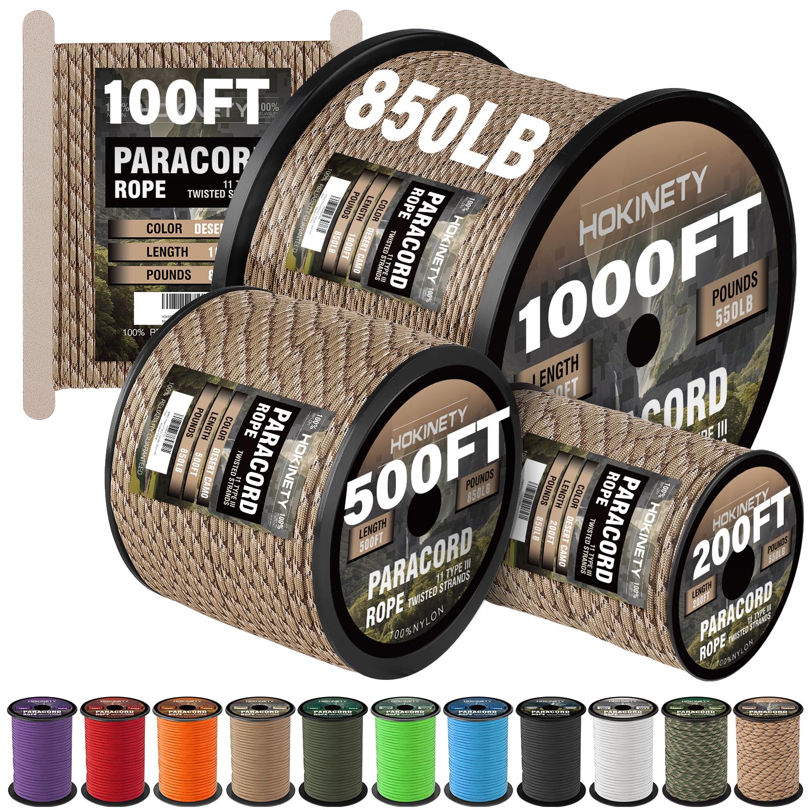 Paracord Rope 850 lb - 100 ft / 200 ft / 500 ft / 1000 ft 4MM Strong Heavy-Duty Parachute Spool para Cord Lanyard for Crafting, Tent, Camping, Clothes line, Hiking, Fishing, Survival Bracelet