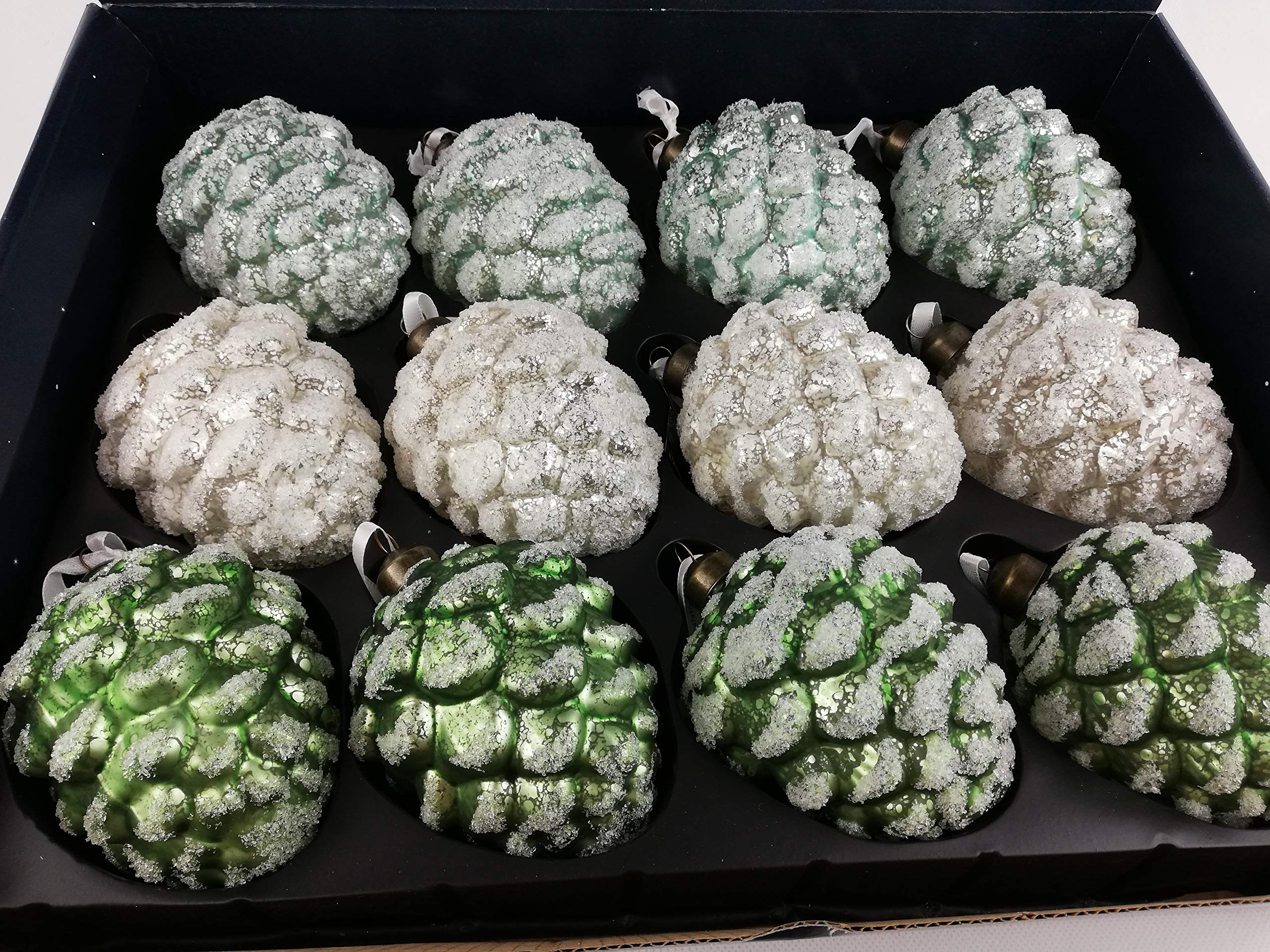 12 Edle Zapfen Pinienzapfen Grün Creme mit Frost Weihnachtsschmuck Weihnachtsdeko Hänger Weihnachten Dekoration Advent Wald Herbst Christbaumschmuck Tannenbaumschmuck