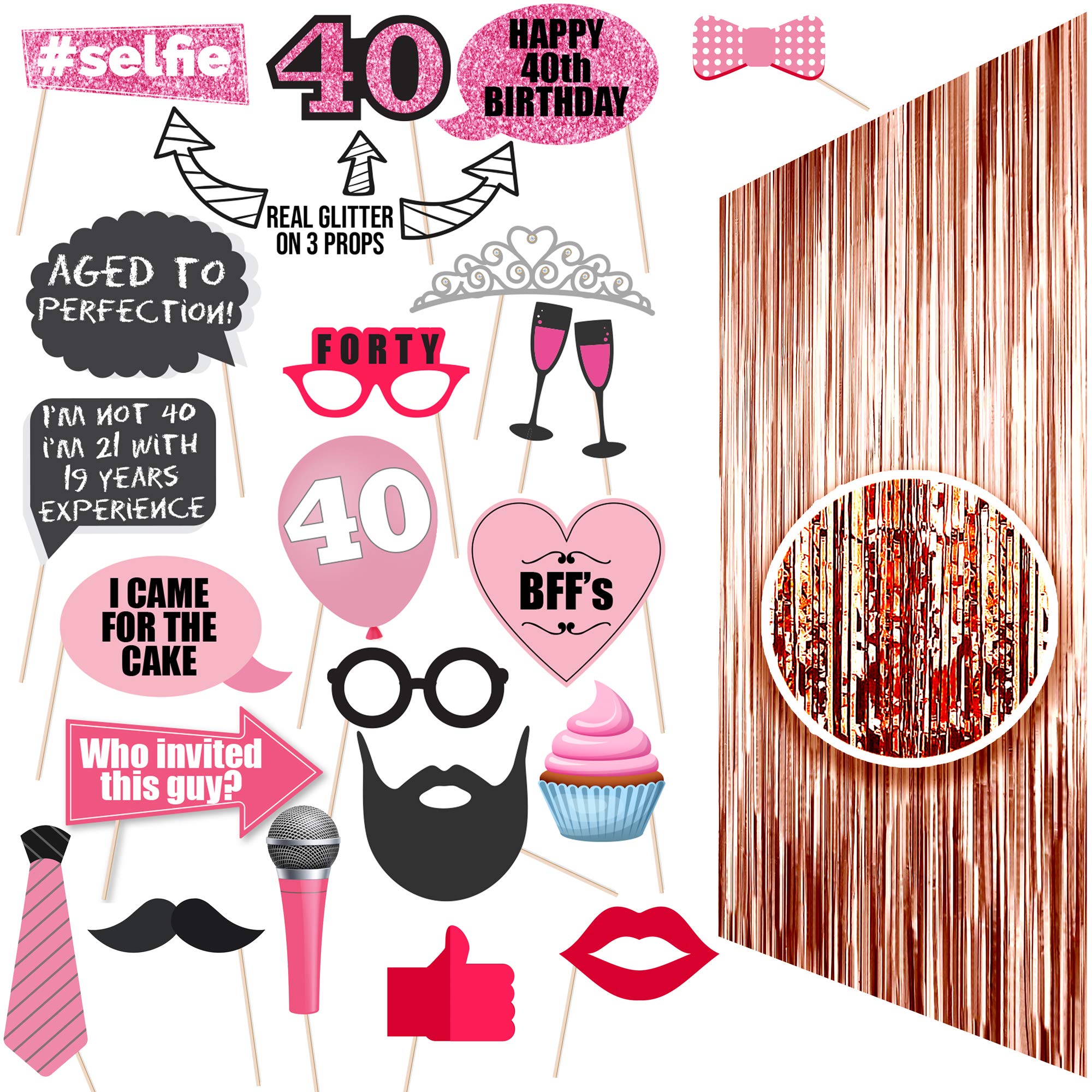 40th Birthday Decorations, Photo Booth Props Favors & Backdrop Foil Fringe Curtain Banner for Happy 40 Forty Year Old Bday Party Women Her Wife Best Friend BFF Mom Sister Aunt Bash | Pink Rose Gold