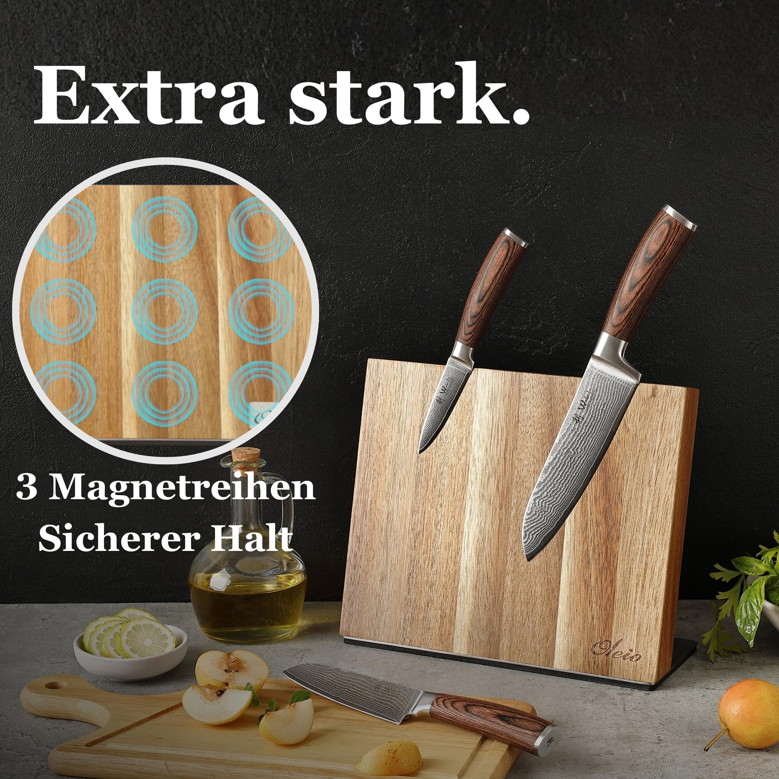 Wakoli EDIB Messerblock-Set mit 3 Damastmessern, 67 Lagen und VG10-Kern | Santoku 17 cm, kleines Santoku 12 cm, Officemesser 8,5 cm; magnetischer Messerblock aus Holz, Pakkaholzgriffe, Holzbox