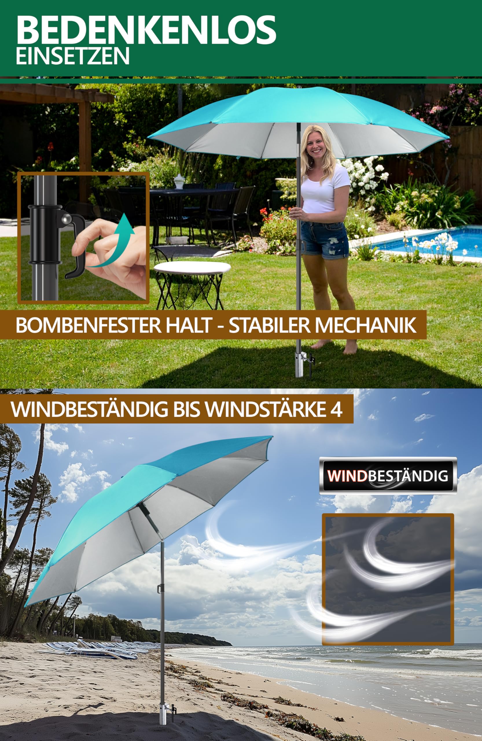 Menz Sonnenschirm Strand 3-in-1 Set, Ø 180 cm, Türkis, Strandschirm Windfest Stabil, UV50 Sonnenschutz Strand, Einschraubhülse & Schirmhülle, Höhenverstellbar, Flexibles Schatten für Garten