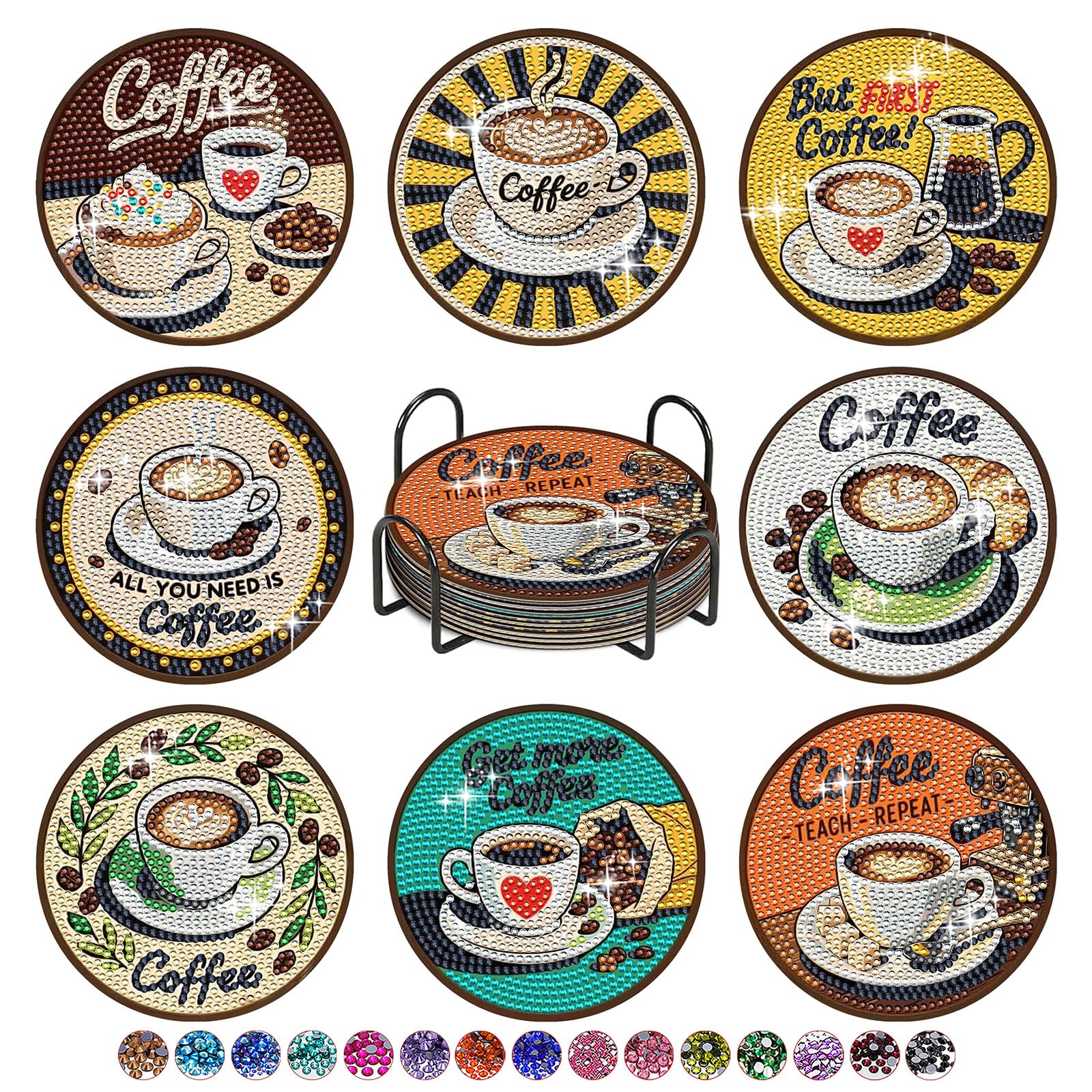Suntova Women's Coffee 8Pcs Diamond Art Coasters Kits For Adults,Diy Diamond Art Coasters With Holder Diy Crafts Hobbies For Adults Tabletop Protection And Gifts (Coffee)