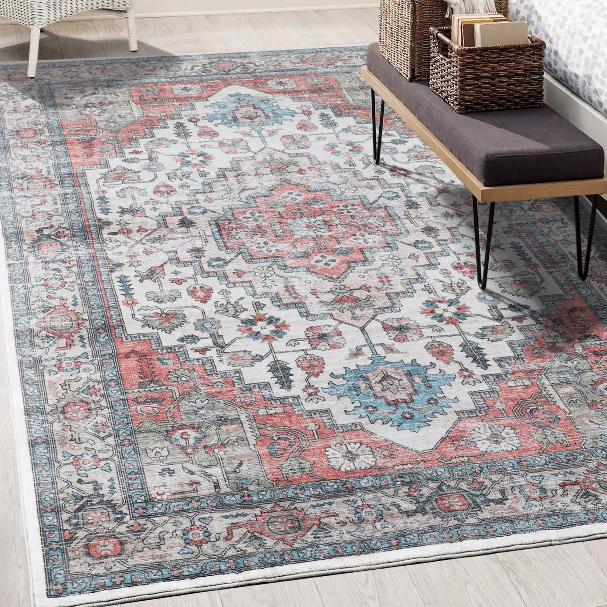 5x7 Area Rugs for Living Room,Machine Washable Vintage Bohemian Area Rugs,Non-Slip Non-Shedding Indoor Floor Rugs Carpet for Bedroom Kitchen Front Door Entryway Home Office(Orange)