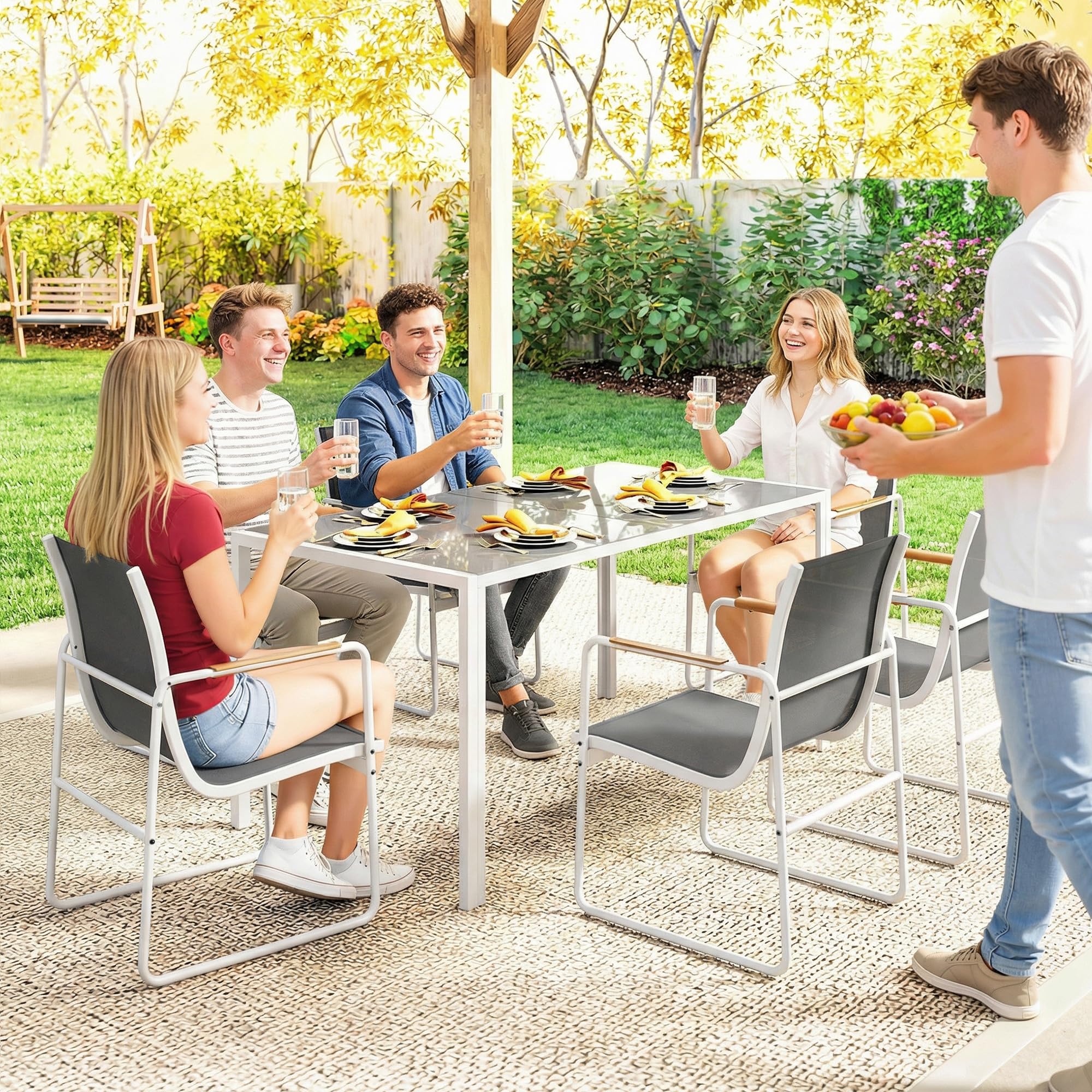 Outsunny Set da giardino composto da tavolo e sedie, 7 pezzi, mobili da giardino per esterni con tavolo in vetro temperato, 6 sedie decorative traspiranti, struttura in acciaio resistente alle