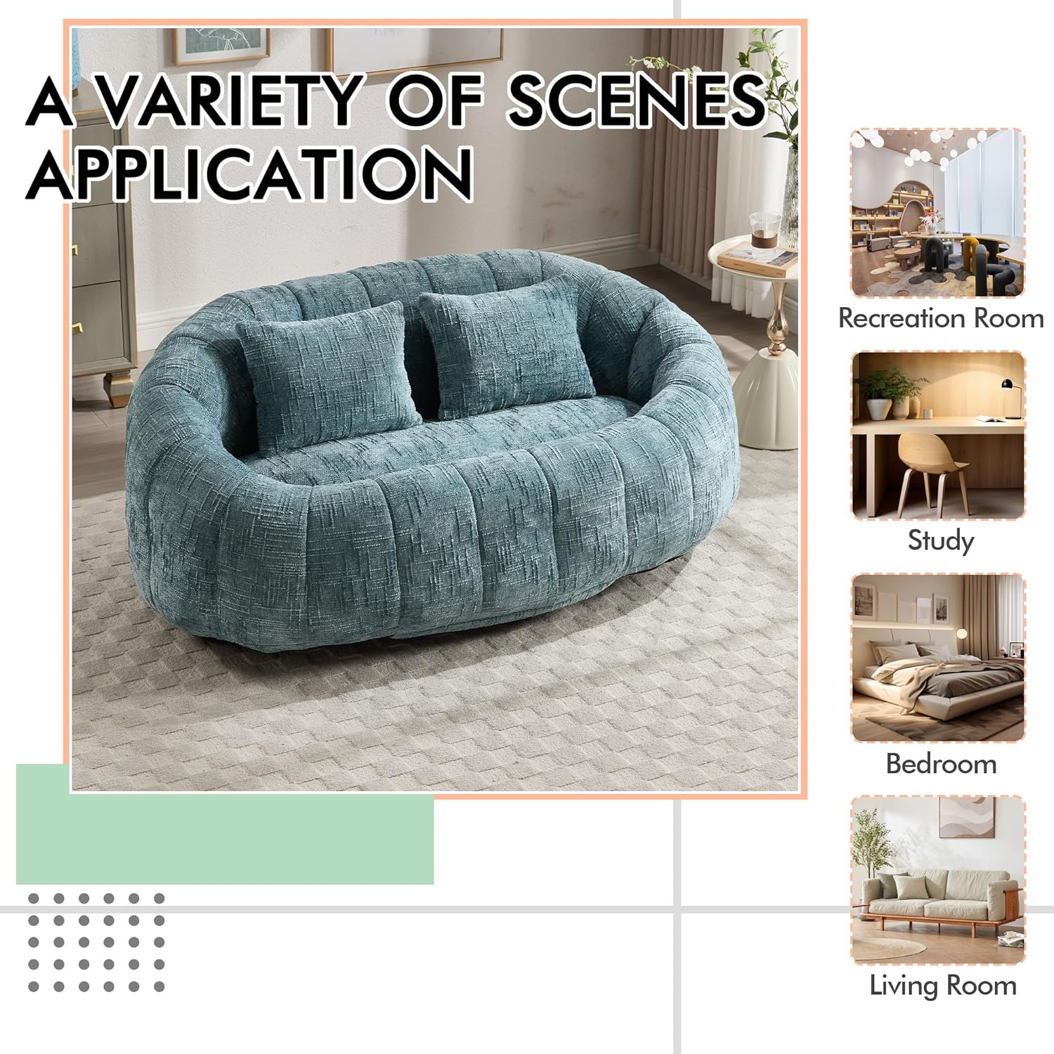 Bean Bag Sofa, Comfy Loveseat Couch with 2 Pillows, Soft Giant Bean Bag Chair, Cozy Round Lazy Sofa with Wide Backrest for Living Room, Reading Room and Bedroom, Teal