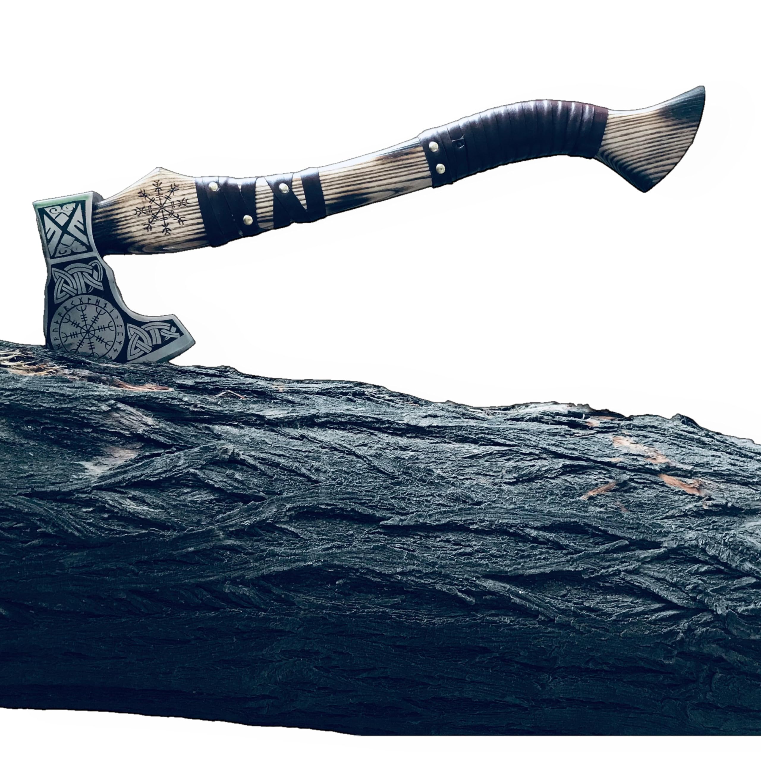 [DARK WARRIOR] Handmade Forged Carbon Steel Aegishjalmr Viking Axe with Sheath - Traditional Norse Bearded Axe Hatchet - 'Helm of Awe' Symbol Hand Craved Solid Handle (Aegishjalmr Viking Axe 22