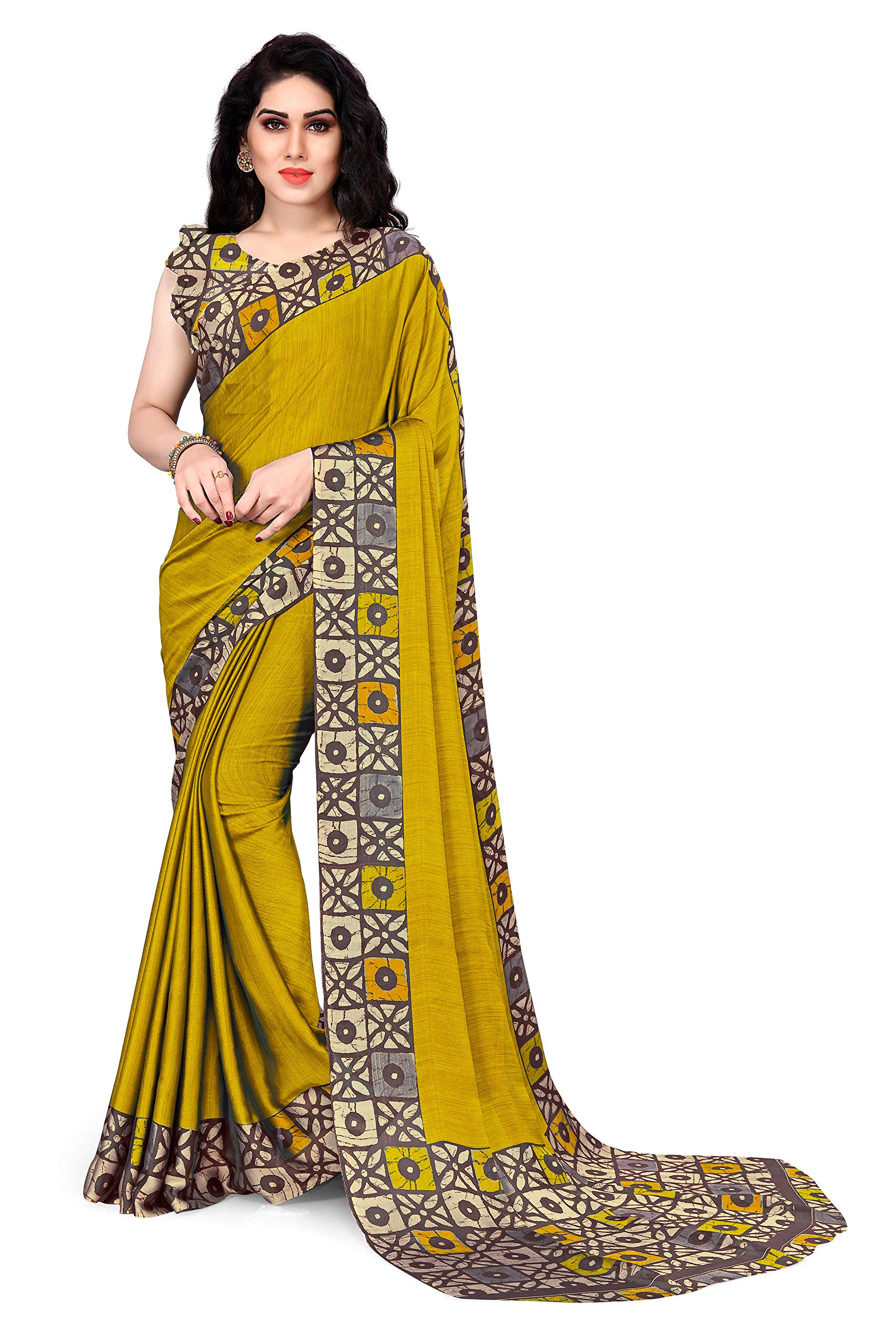 MIRCHI FASHIONSOURBH Women's Chiffon Batik Style Border-Palav Printed Saree with Blouse Piece, Mustard, Beige, One Size