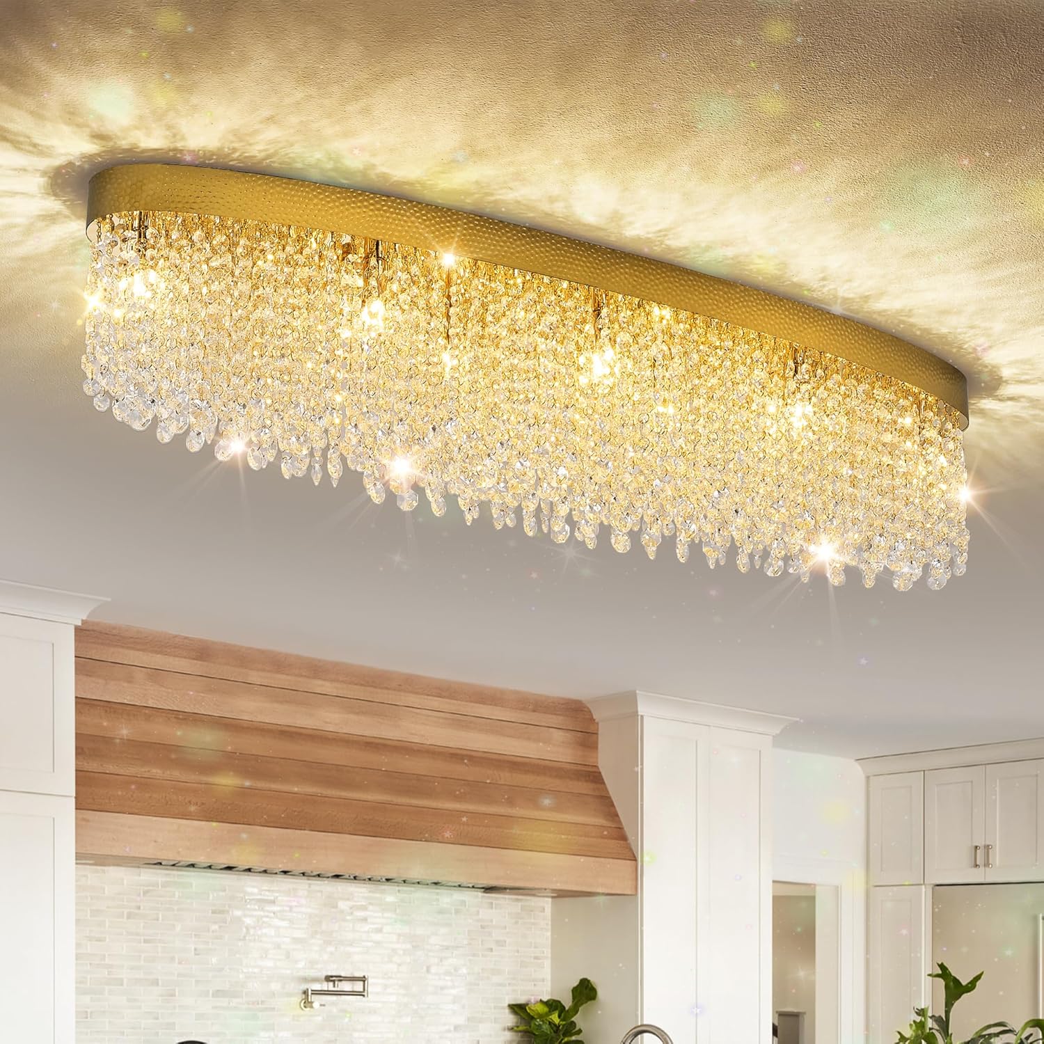 She's home Rectangular Crystal Chandelier Flush Mount 40", Gold Ceiling Light,Large K9 Raindrop Light Fixture,10 Lights Modern Chandeliers with Hammered Metal Lamp Body for Dining Room Over Table