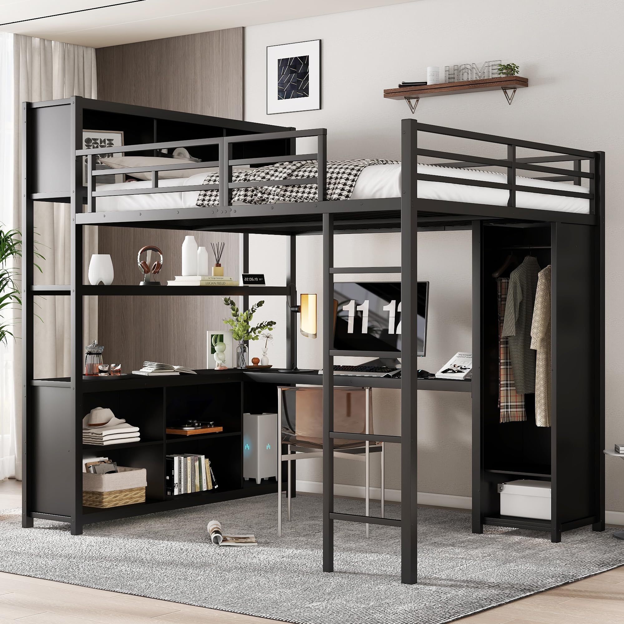 Etagenbett Kinderbett 140x200 cm, Eisenbett Hochbett mit Stauraum Schreibtisch, Einzelbett Metallbett Bett mit Kleiderschrank, Leiter und Lattenrost aus Metallrahmen, ohne Matratze (Schwarz)