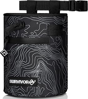SURVIVOR Chalk Bag for Rock Climbing & Bouldering - Topo Map Design, Drawstring Closure, 2 Zipper Pockets & Brush Holder