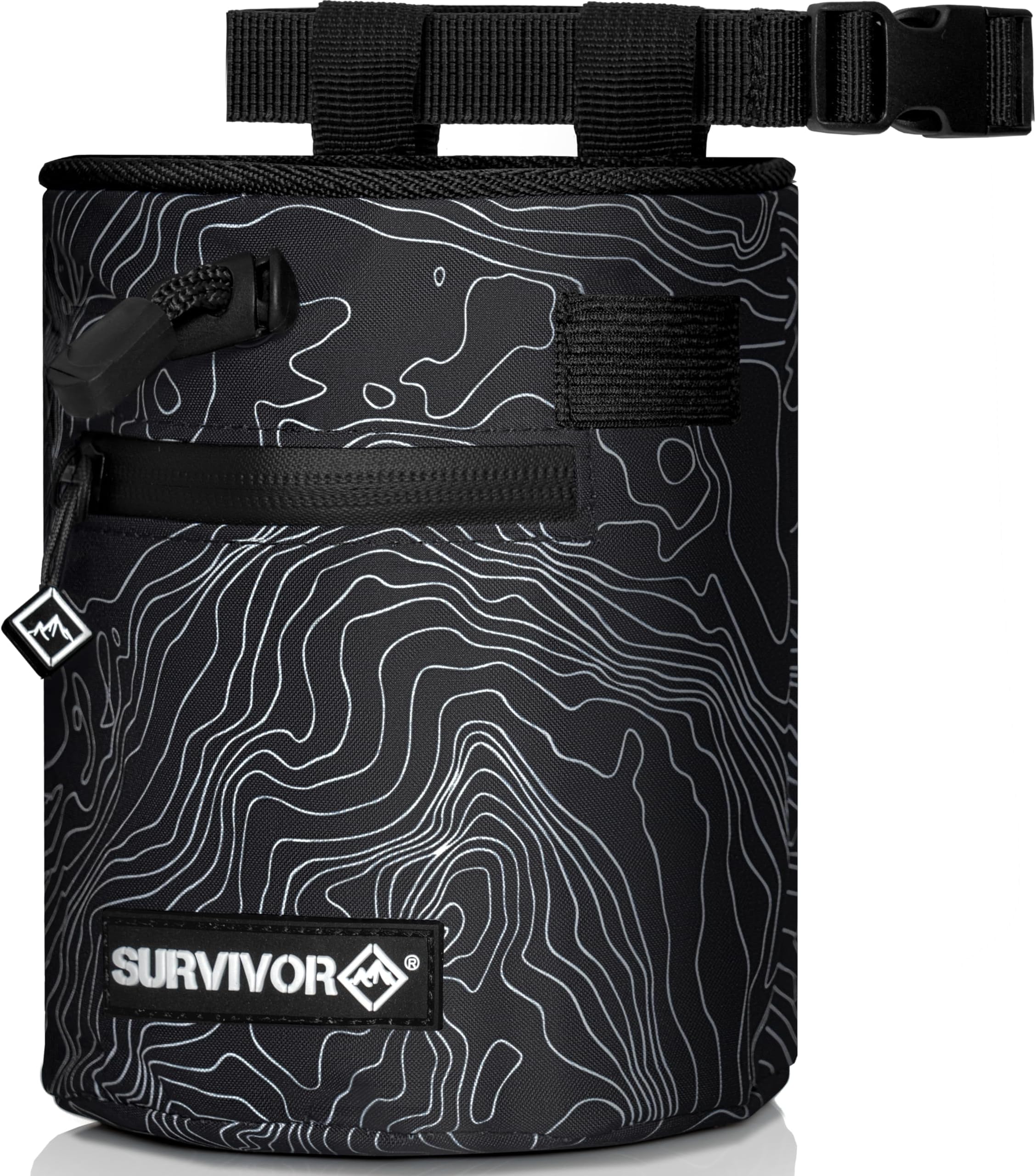 Chalk Bag - Iconic Topographical Map, Draw String Closure, 2 Zippered Pockets, & Brush Holder - Chalk Bag for Rock Climbing, Bouldering, Weightlifting, Gymnastics & More