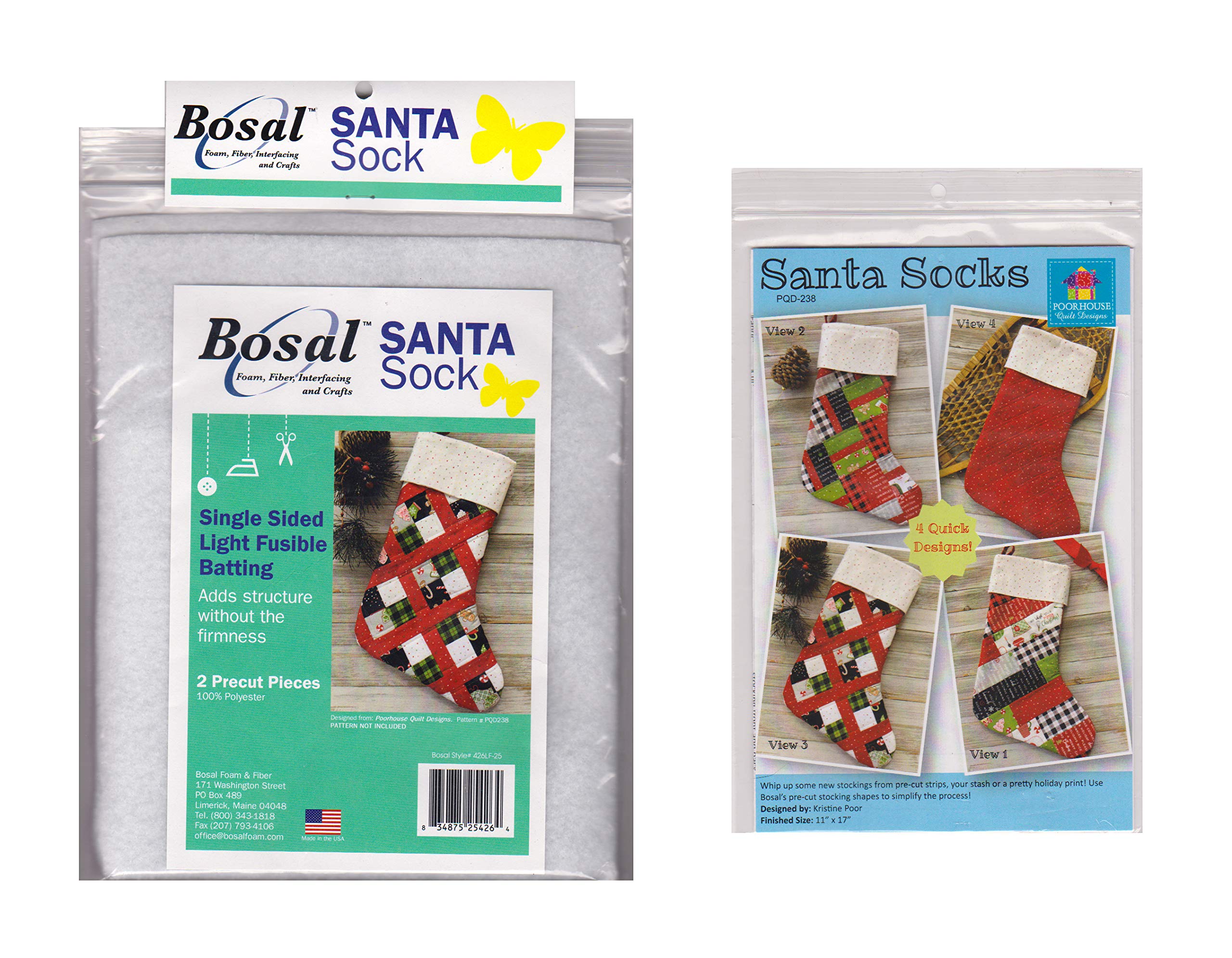 Bosal Santa Sock Stocking Pattern and 2 Pre-Cut Pieces of Fusible Fabric Batting (Finished Size is @ 11