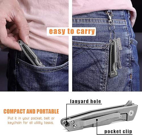 Miniatura 6 de Bisturí plegable de titanio, cuchillo de afeitar delgado con bloqueo de marco, 10 piezas de cuchillas de acero al carbono reemplazables #24,