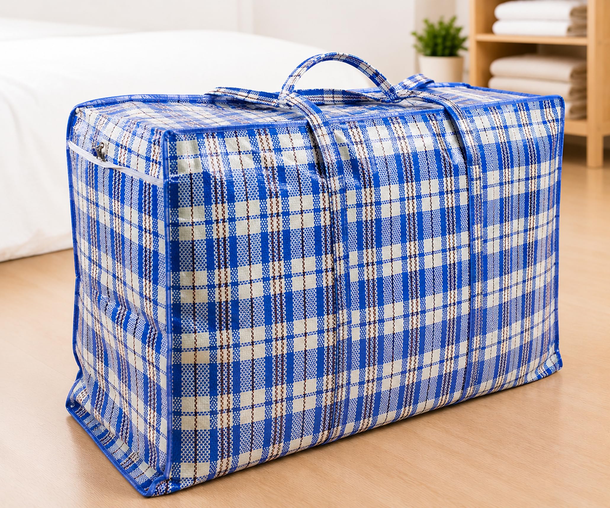 PLASTIKTASCHE Camping Jumbo Unterbettkommode Wäschetasche Aufbewahrungs Tasche kariert Reißverschluss XXL XL L GROß (Blau, 80L x 30B x 60H cm) Küche, Haushalt & Wohnen