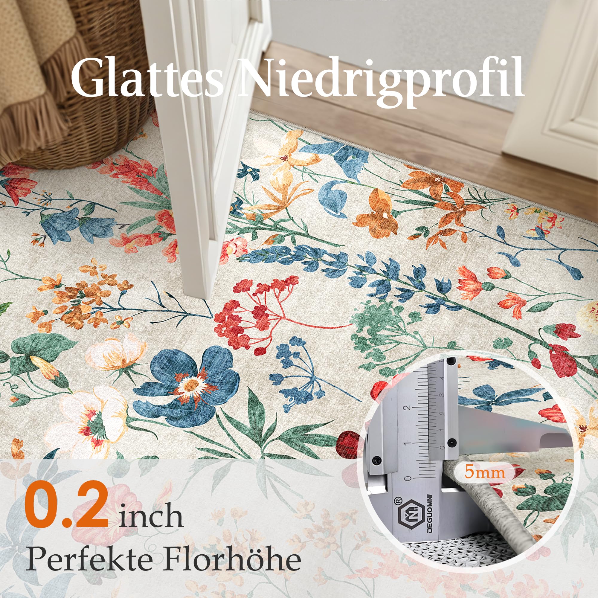 HUGEAR Beige Waschbarer Läufer Teppich Flur 80x400cm Blumenmuster Bettvorleger Blumen Boho Modern Küchen Wohnzimmer Schlafzimmer Teppiche rutschfest Kurzflor Weich Flurläufer Teppichläufer
