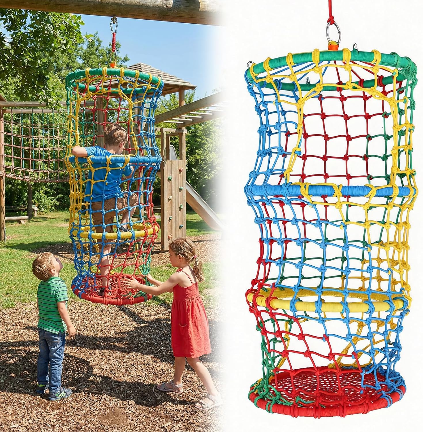Kids Safety Climbing Rope Ladder, 3 Tiers Children Balance and Coordination Training Hanging Ladder, Polyester Swing Rope Net for Indoor Outdoor Backyard Garden Playroom